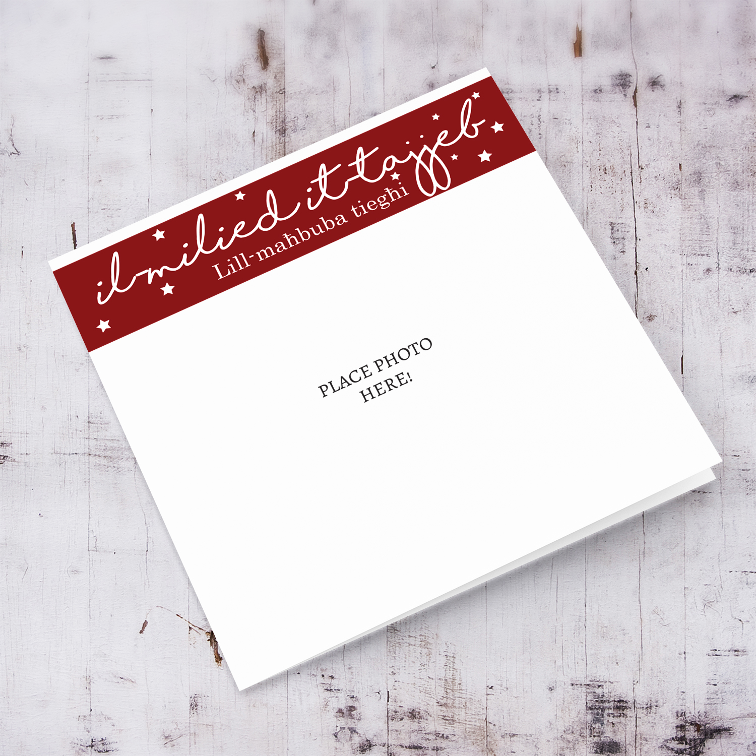 Girlfriend / Wife / Partner photo Christmas card with red banner and white text in Maltese