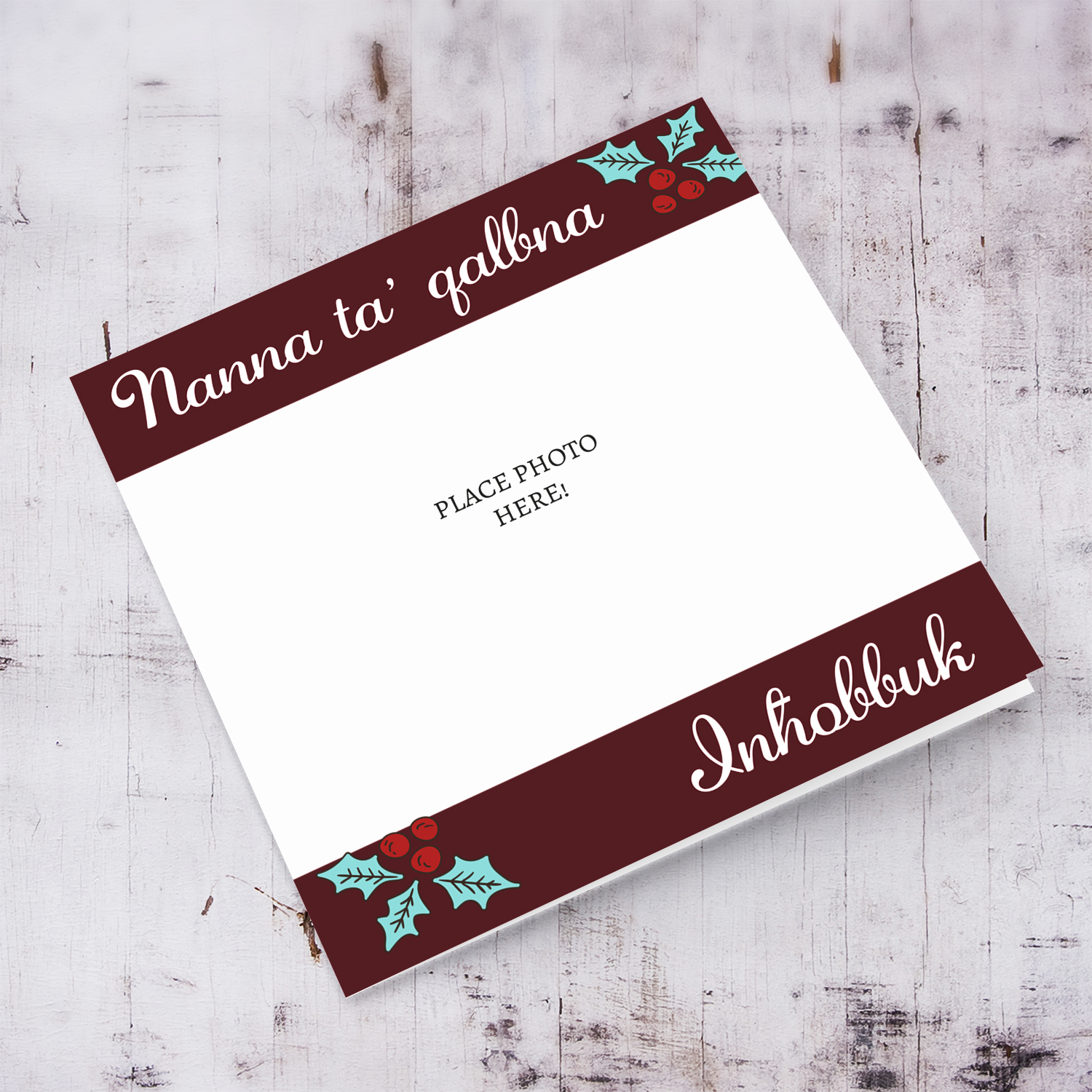 Grandma photo Christmas card in Maltese with red banner, white text and Christmas holly in Maltese (Plural)