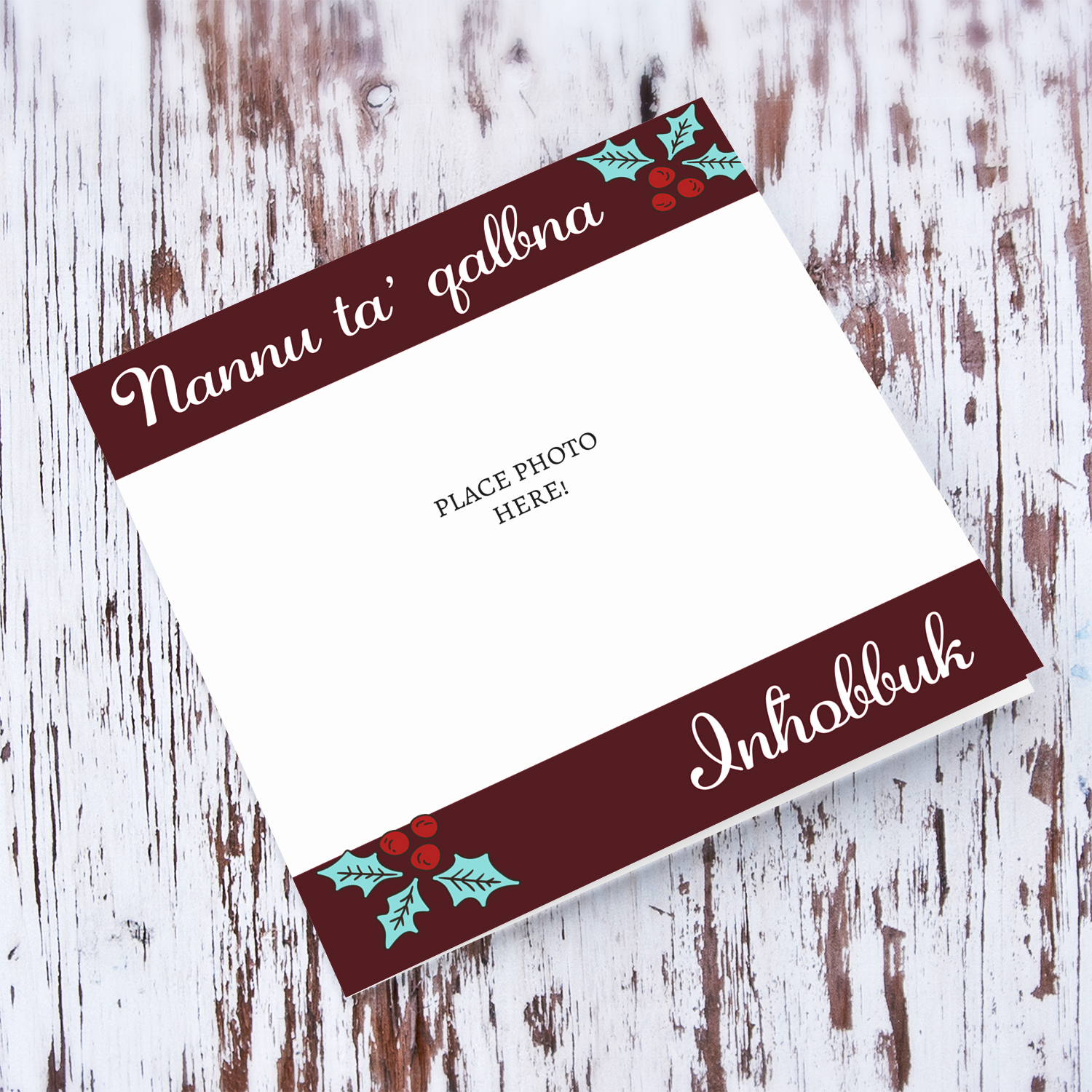 Grandpa photo Christmas card in Maltese with red banner, white text and Christmas holly in Maltese (PLURAL)