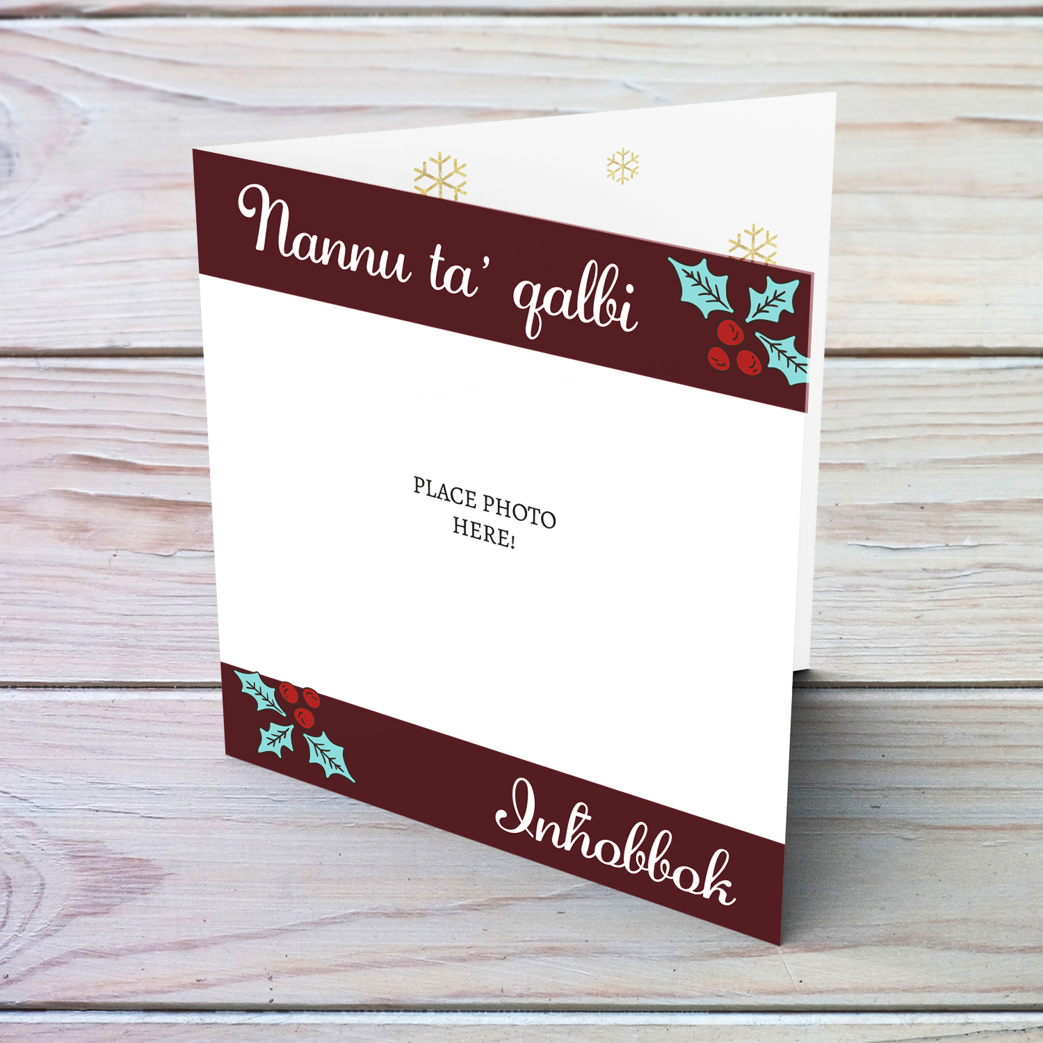 Grandpa photo Christmas card in Maltese with red banner, white text and Christmas holly in Maltese