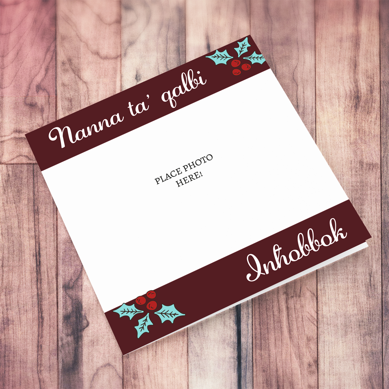 Grandma photo Christmas card in Maltese with red banner, white text and Christmas holly in Maltese