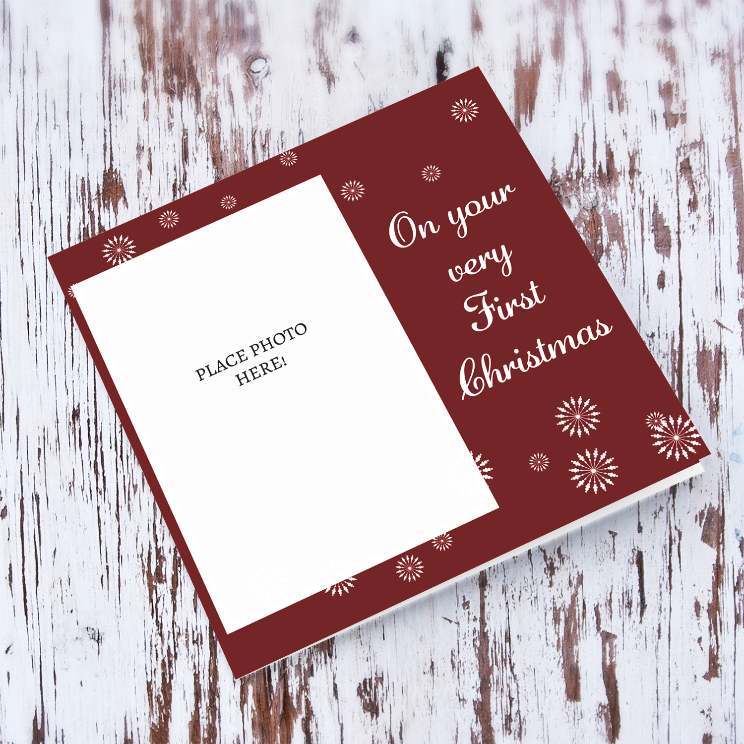 On your very first Christmas - photo christmas card with red background and white snowflakes in English