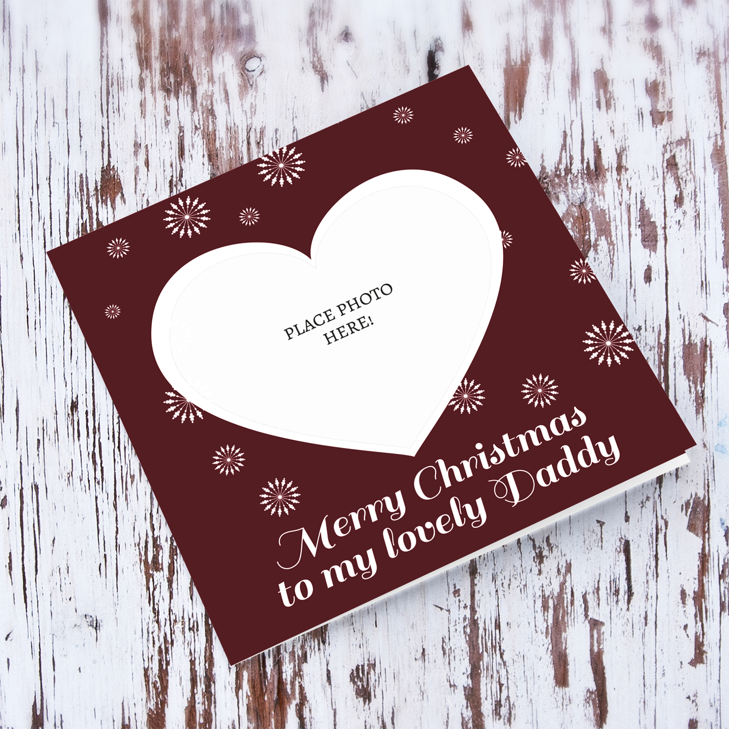 Dad / Daddy Heart shaped Christmas card for daddy in dark red background in English