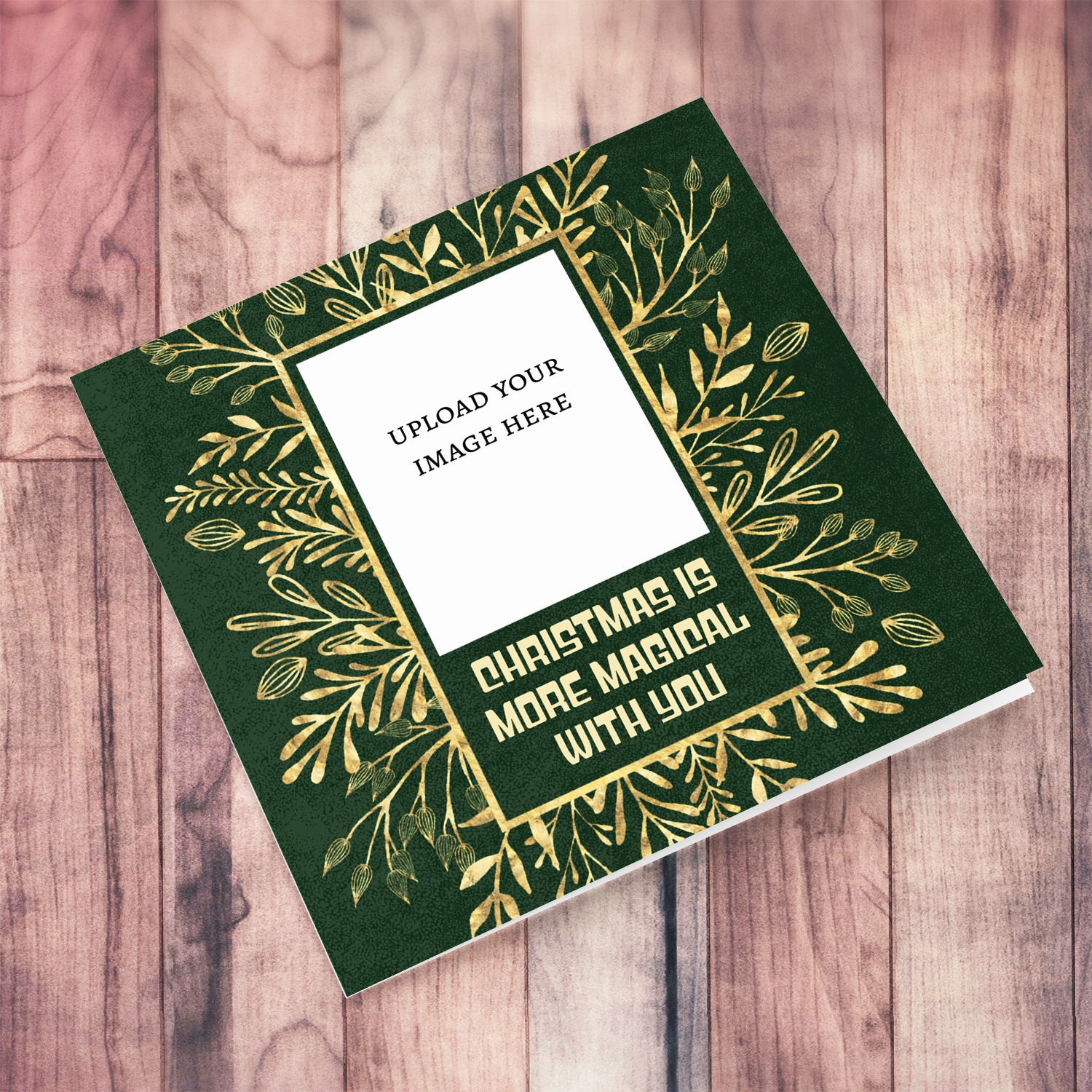Dark green background with golden leaves photo christmas card - Christmas is more magical with you - in English