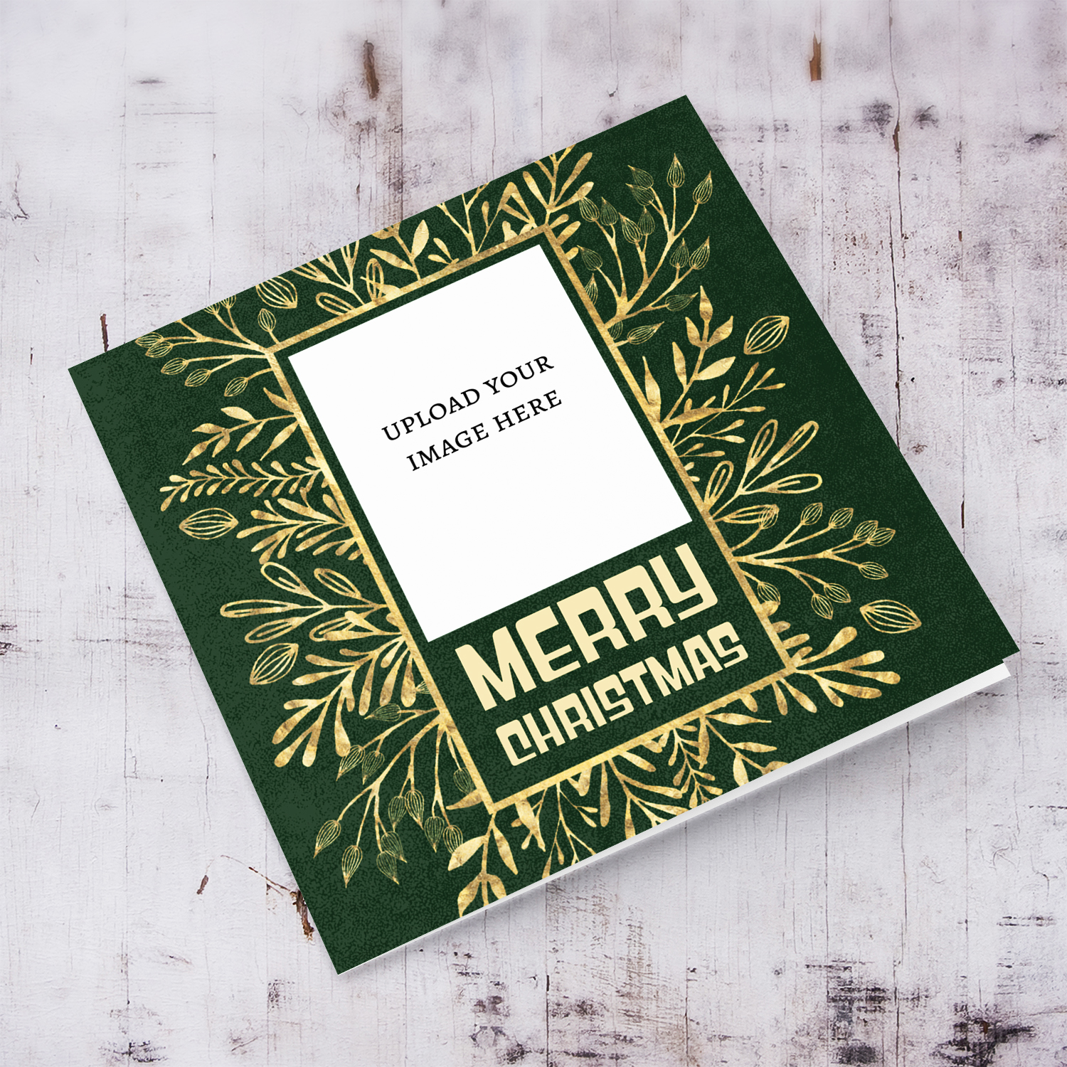 Dark green background with golden leaves photo christmas card in English