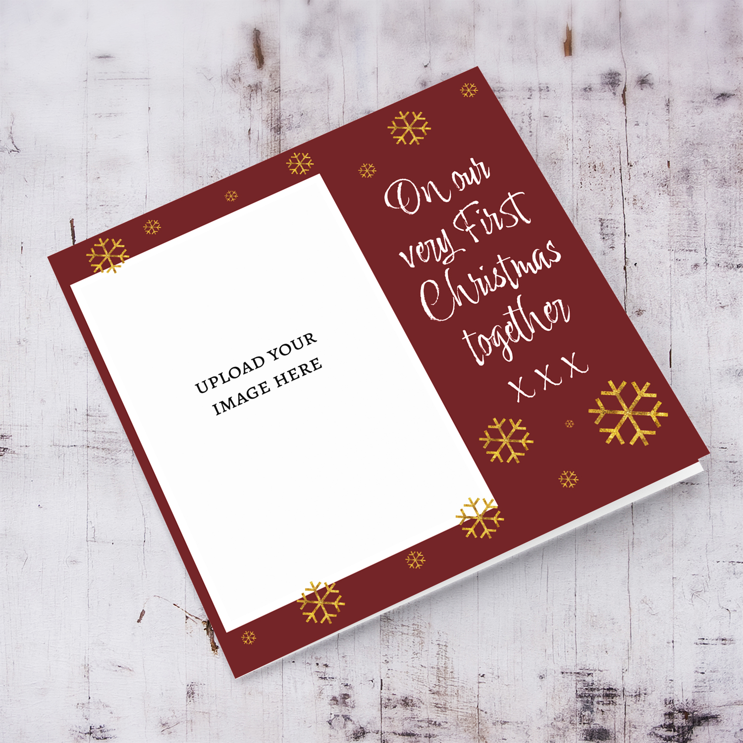 On our very First Christmas together photo Christmas card in white text in English