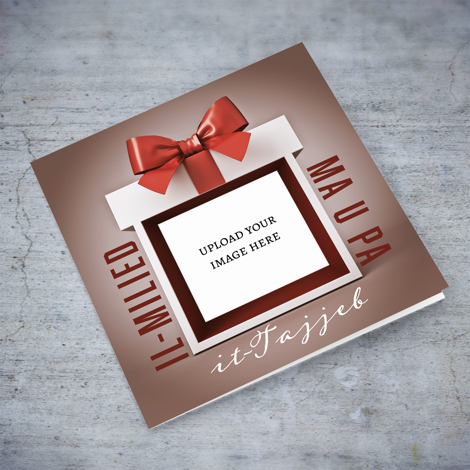 A festive Christmas photo card featuring a gift-inspired design, beautifully wrapped present border and a big, elegant bow for Parents in Maltese