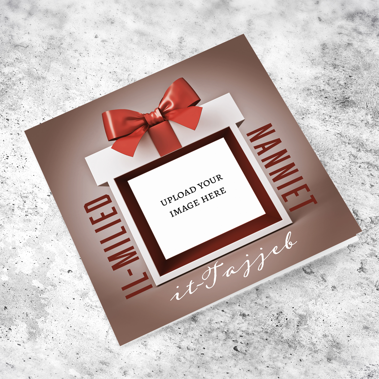 A festive Christmas photo card featuring a gift-inspired design, beautifully wrapped present border and a big, elegant bow for Grandparents in Maltese