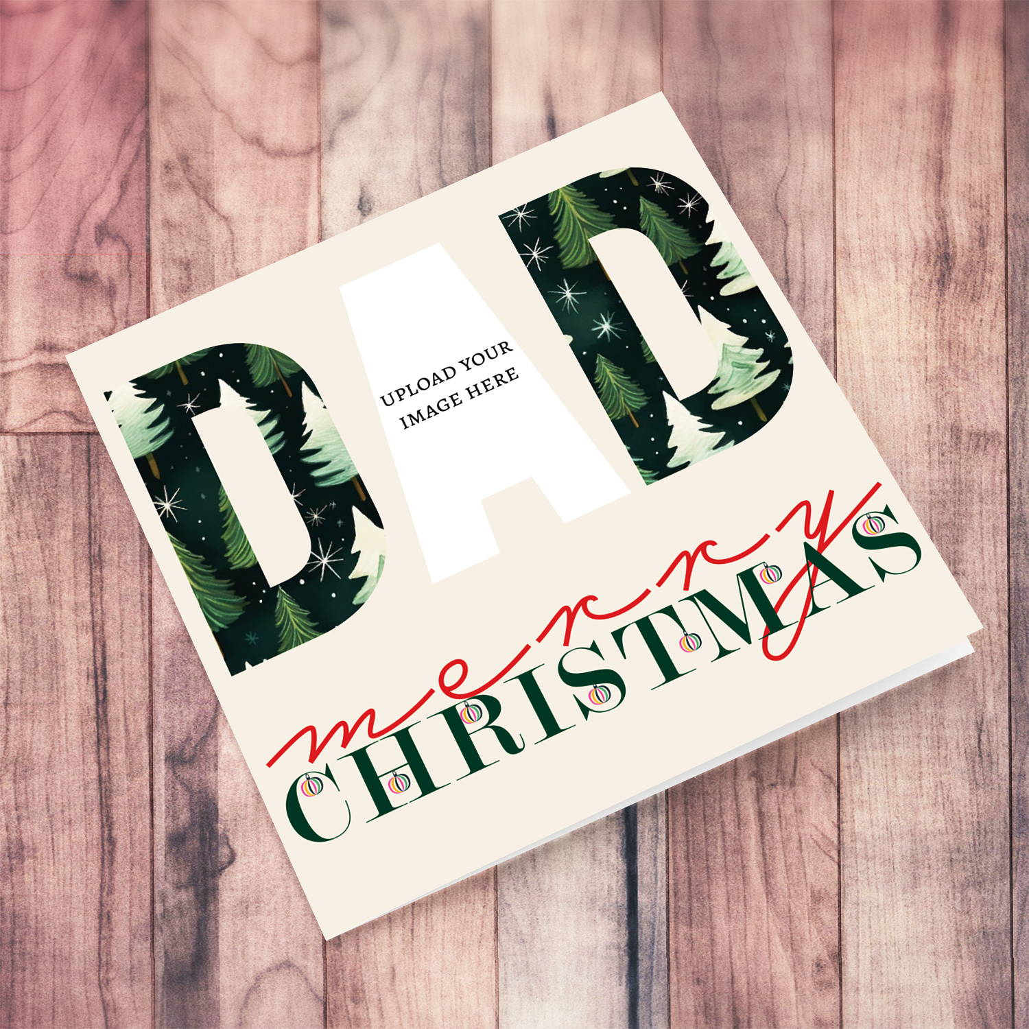 A modern photo Christmas card for DAD in red and green text, featuring DAD with a Christmassy background in English