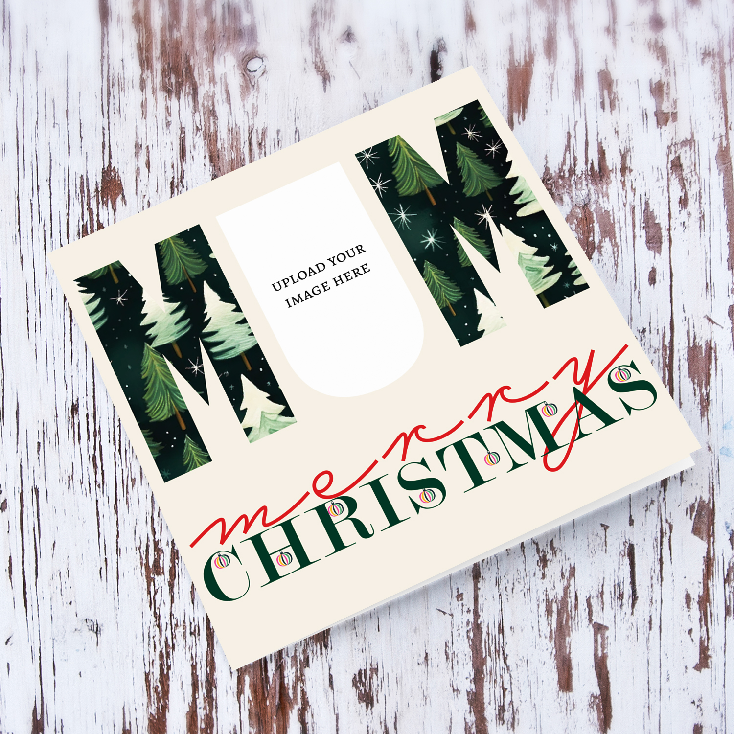 A modern photo Christmas card for MUM in red and green text, featuring MUM with a Christmassy background in English