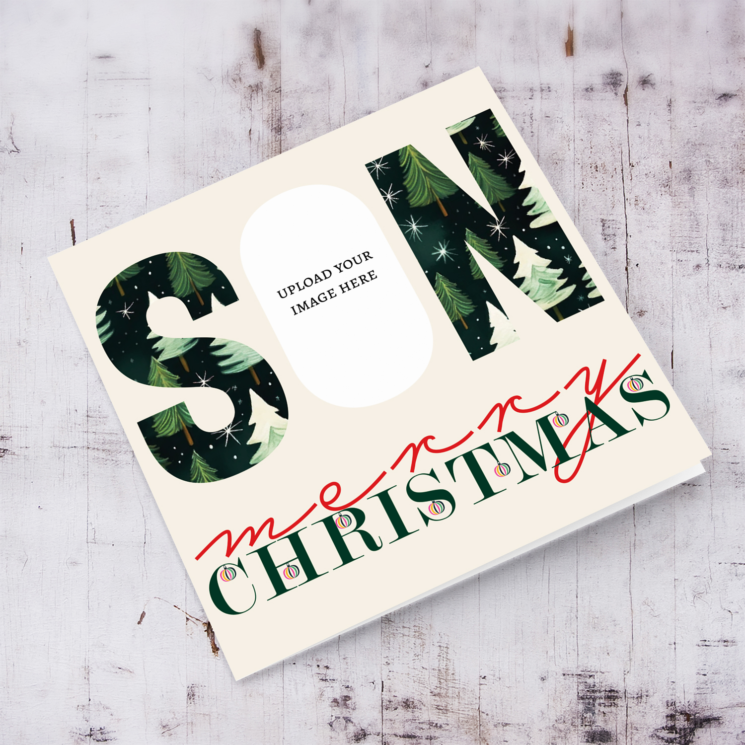 A modern photo Christmas card for SON in red and green text, featuring SON with a Christmassy background in English