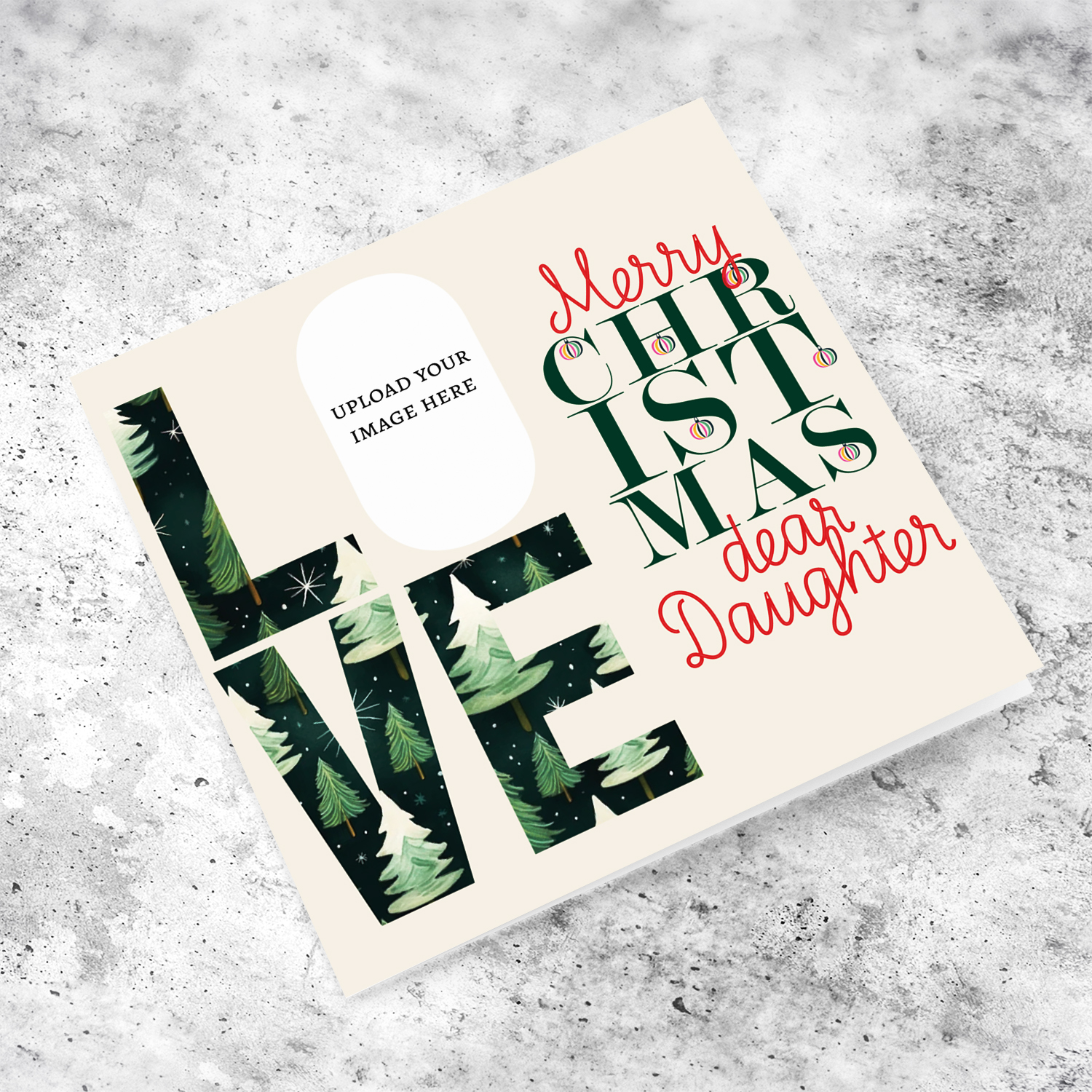 A modern photo Christmas card for Daughter in red and green text, featuring LOVE with a Christmassy background in English  