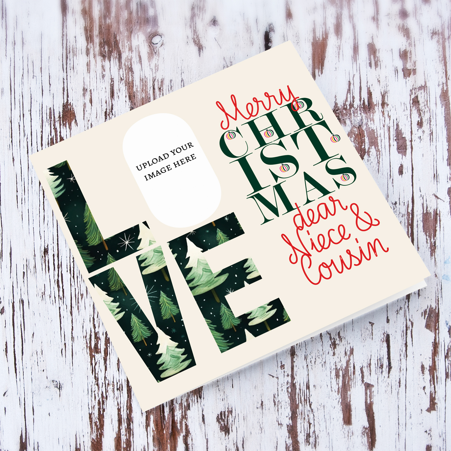 A modern photo Christmas card for Niece & Cousin in red and green text, featuring LOVE with a Christmassy background in English  