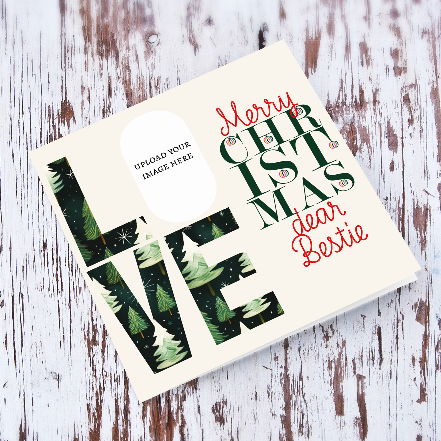 A modern photo Christmas card for Bestie in red and green text, featuring LOVE with a Christmassy background in English  