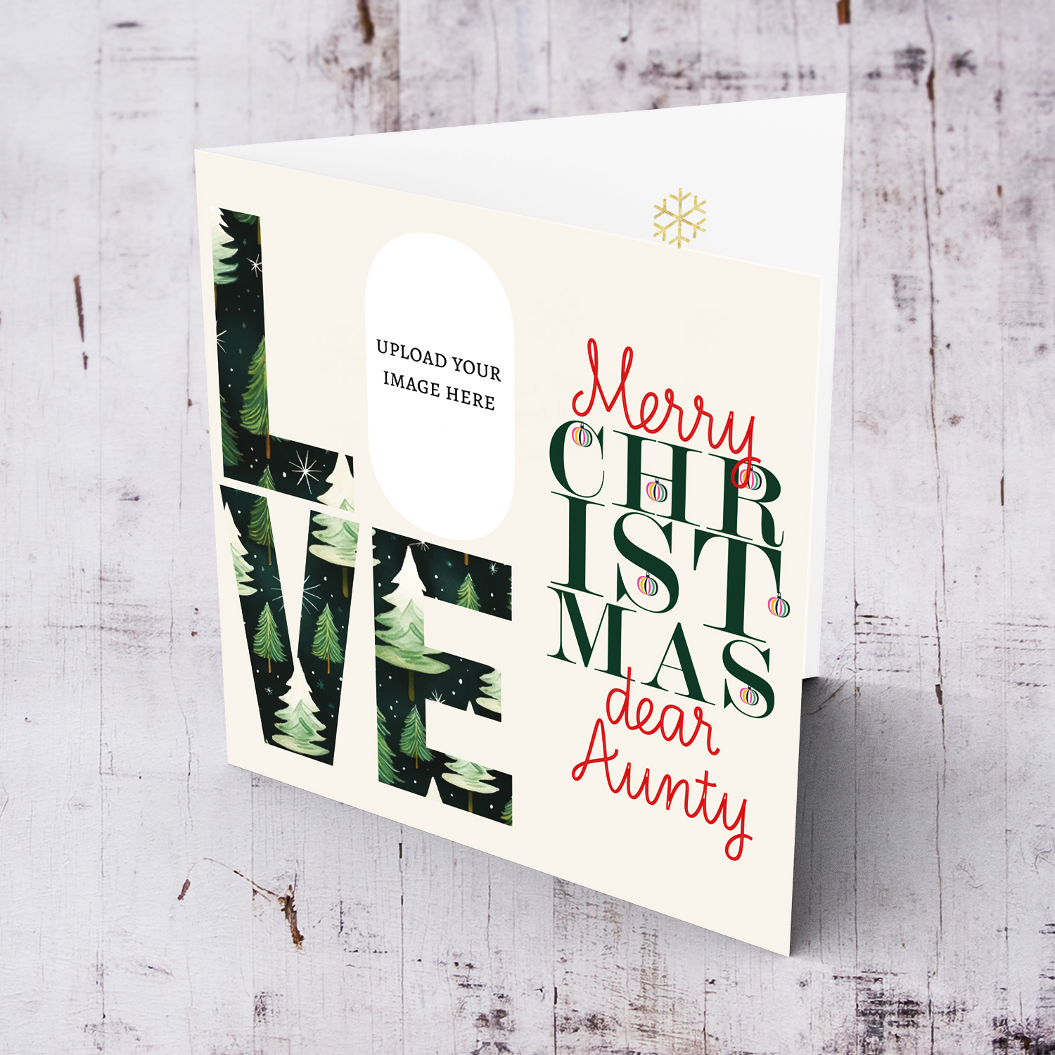 A modern photo Christmas card for Aunty in red and green text, featuring LOVE with a Christmassy background in English  