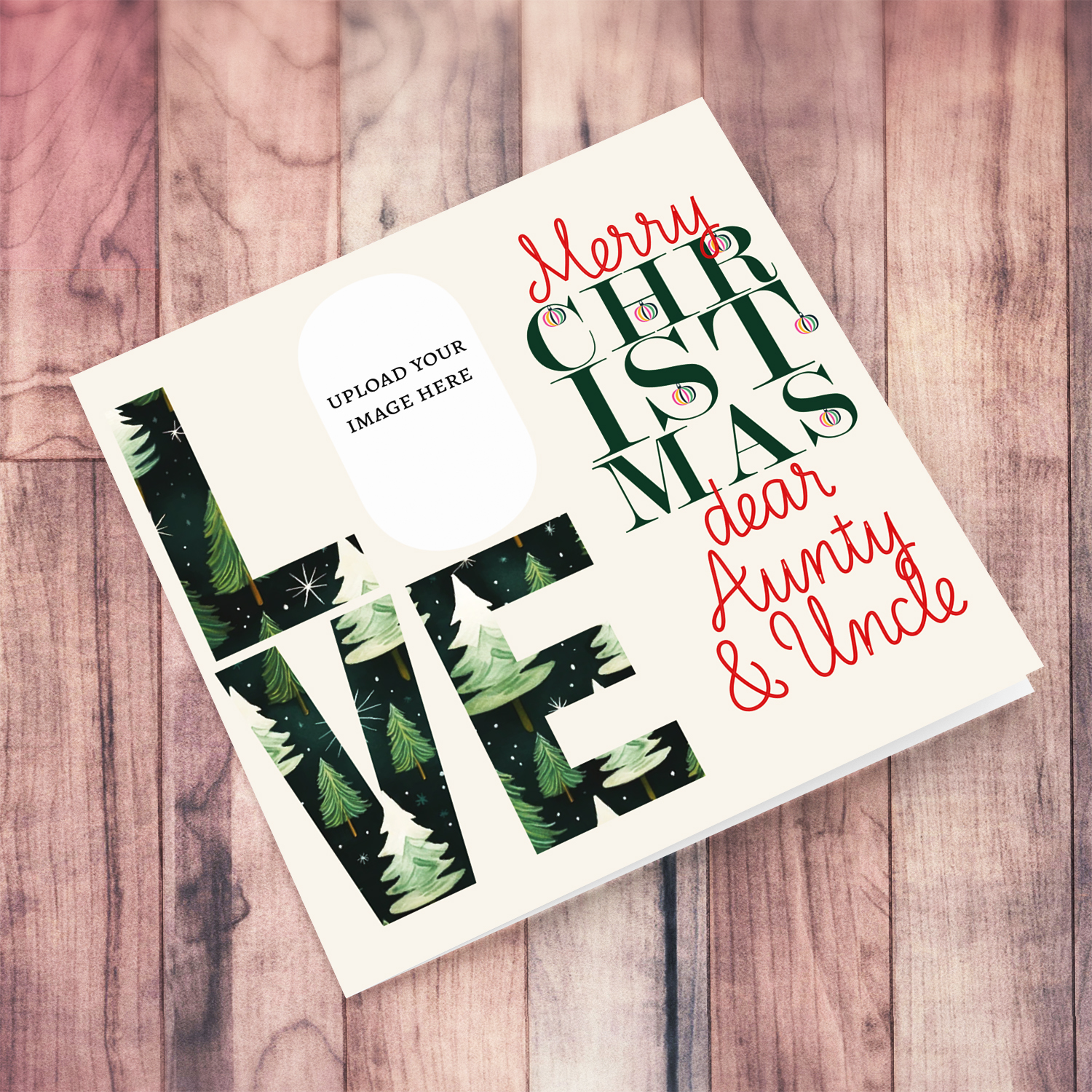 A modern photo Christmas card for Aunty & Uncle in red and green text, featuring LOVE with a Christmassy background in English  