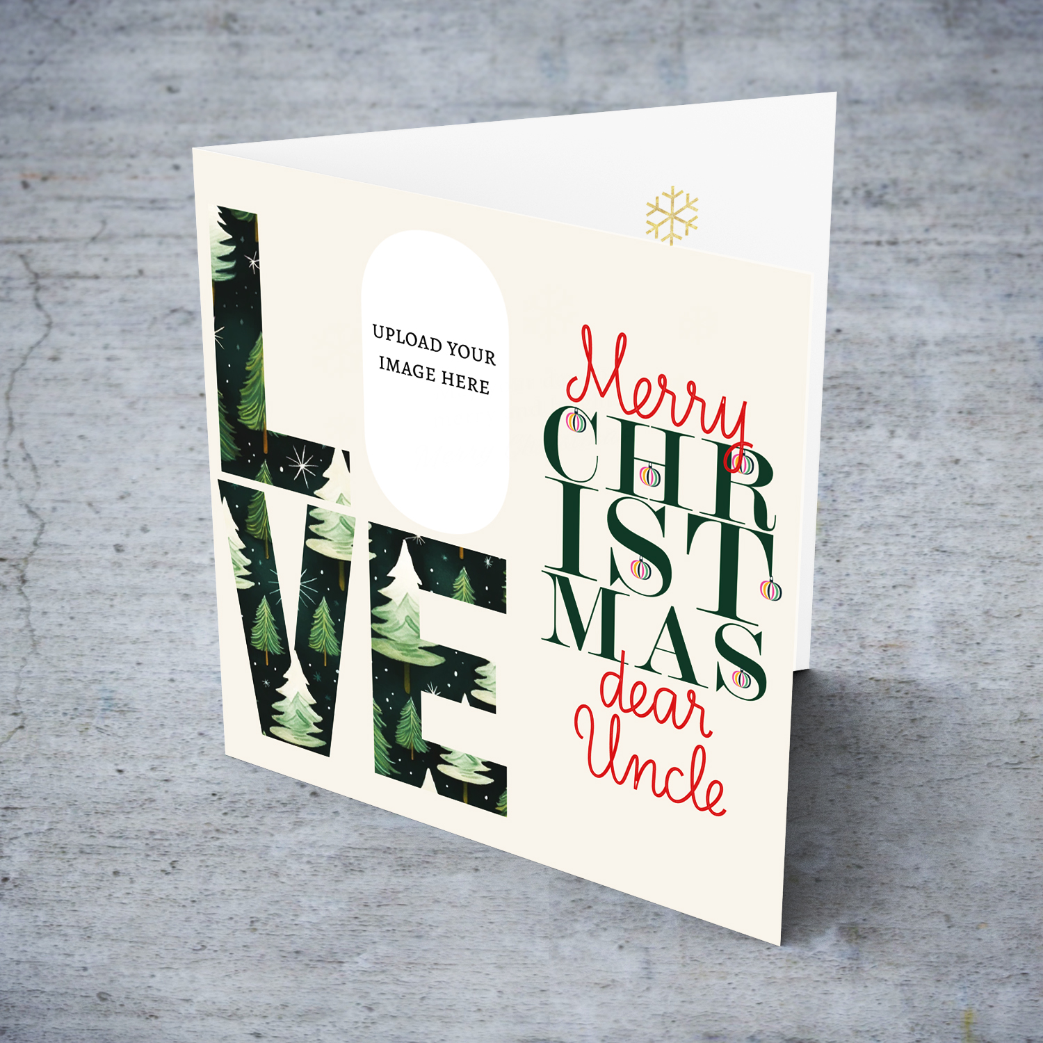 A modern photo Christmas card for Uncle in red and green text, featuring LOVE with a Christmassy background in English  