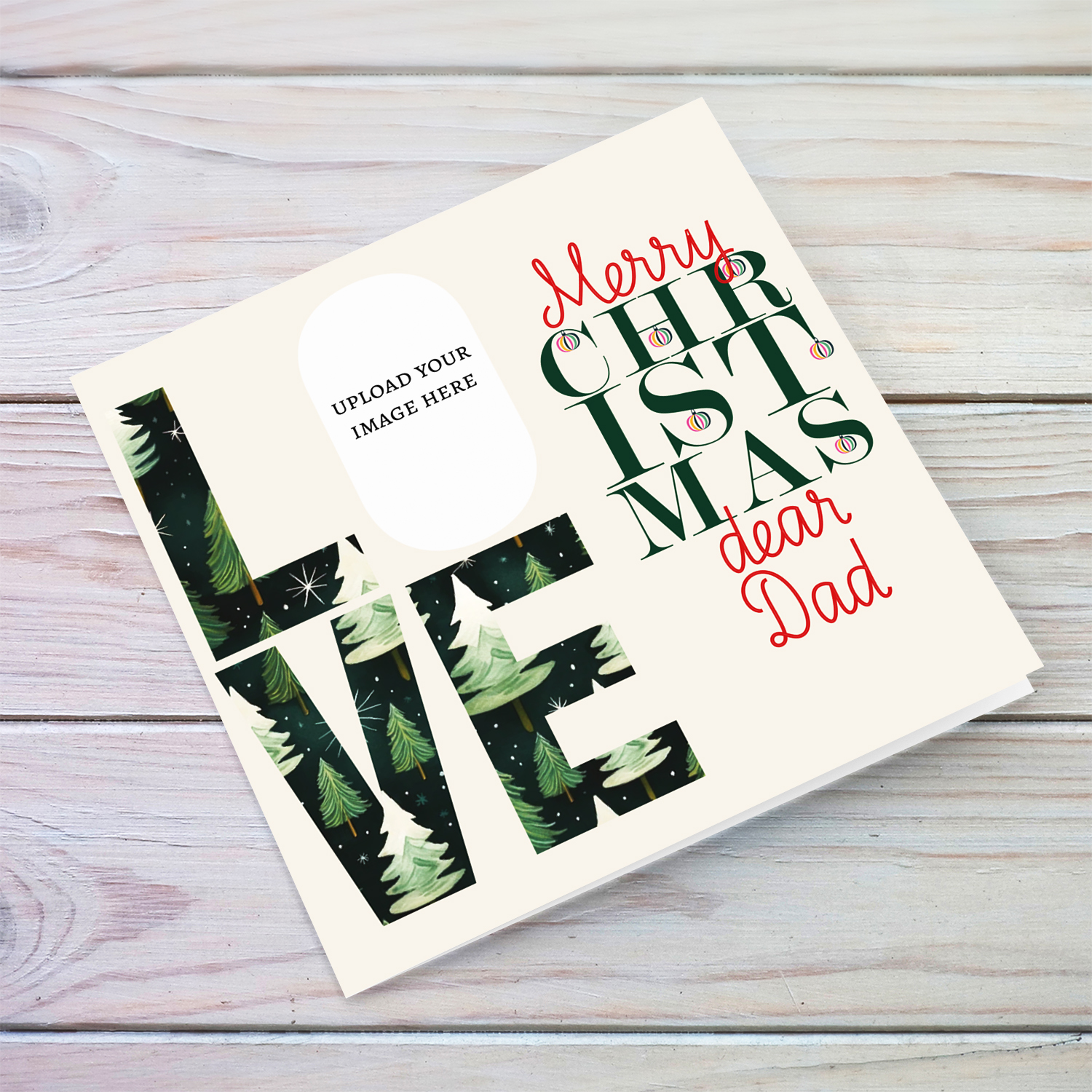 A modern photo Christmas card for Dad in red and green text, featuring LOVE with a Christmassy background in English  