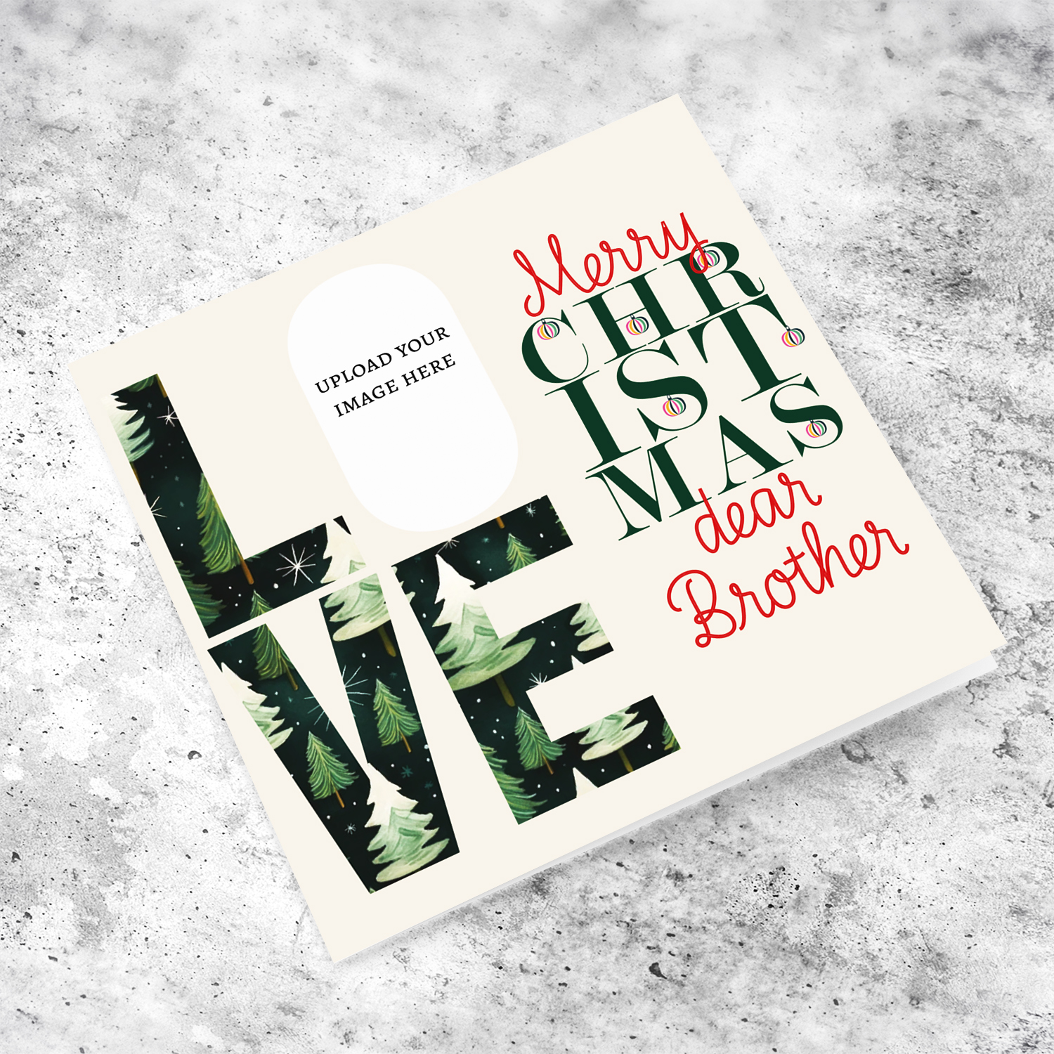 A modern photo Christmas card for Brother in red and green text, featuring LOVE with a Christmassy background in English  