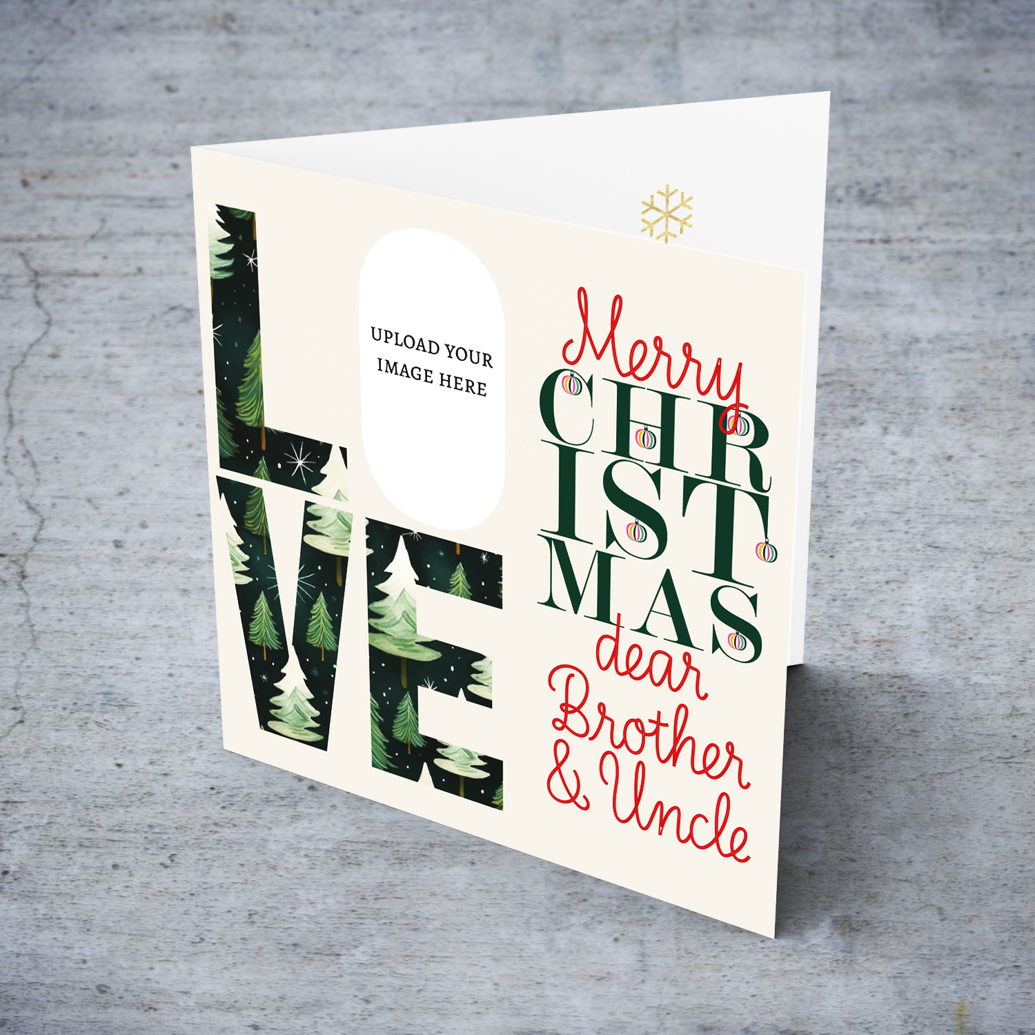 A modern photo Christmas card for Brother & Uncle in red and green text, featuring LOVE with a Christmassy background in English  