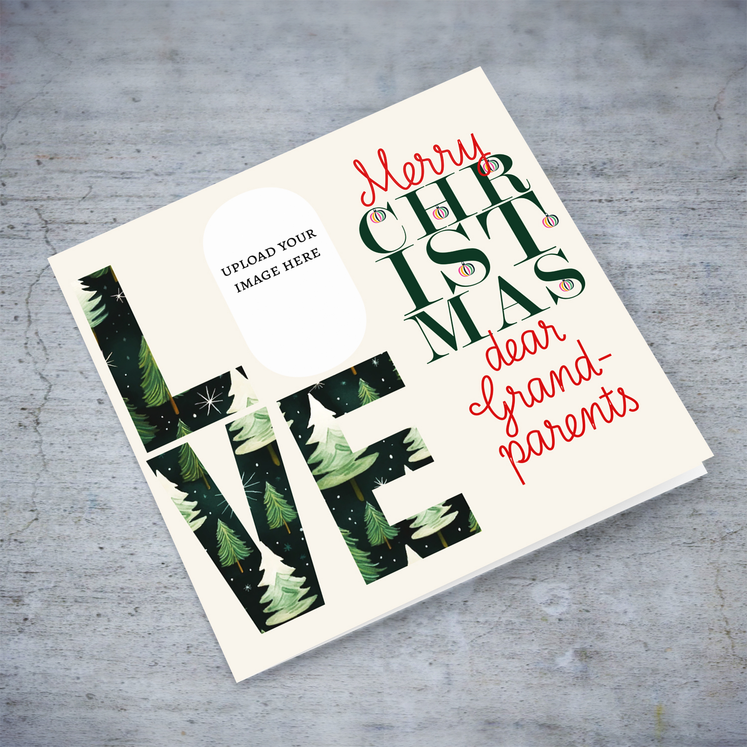 A modern photo Christmas card for Grandparents in red and green text, featuring LOVE with a Christmassy background in English