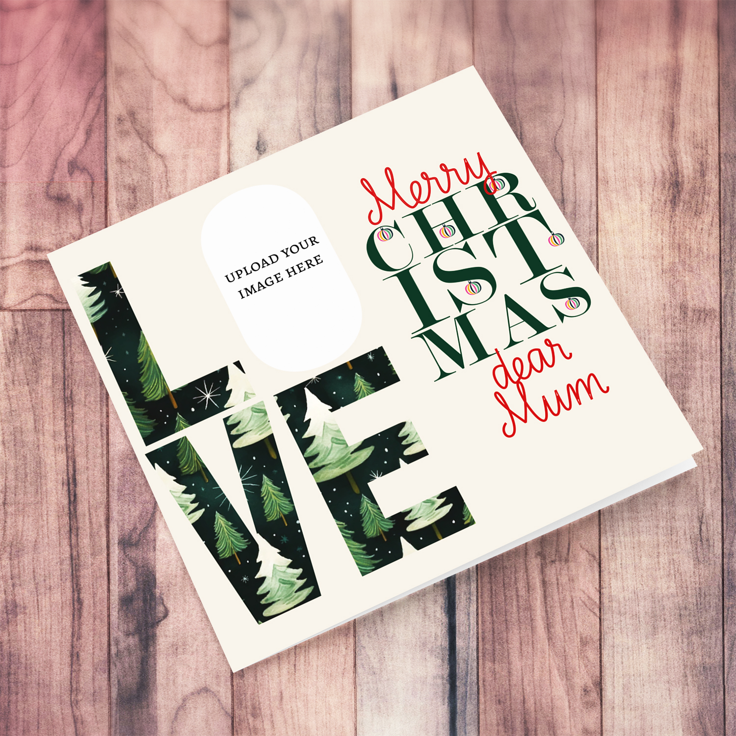 A modern photo Christmas card for Mum in red and green text, featuring LOVE with a Christmassy background in English