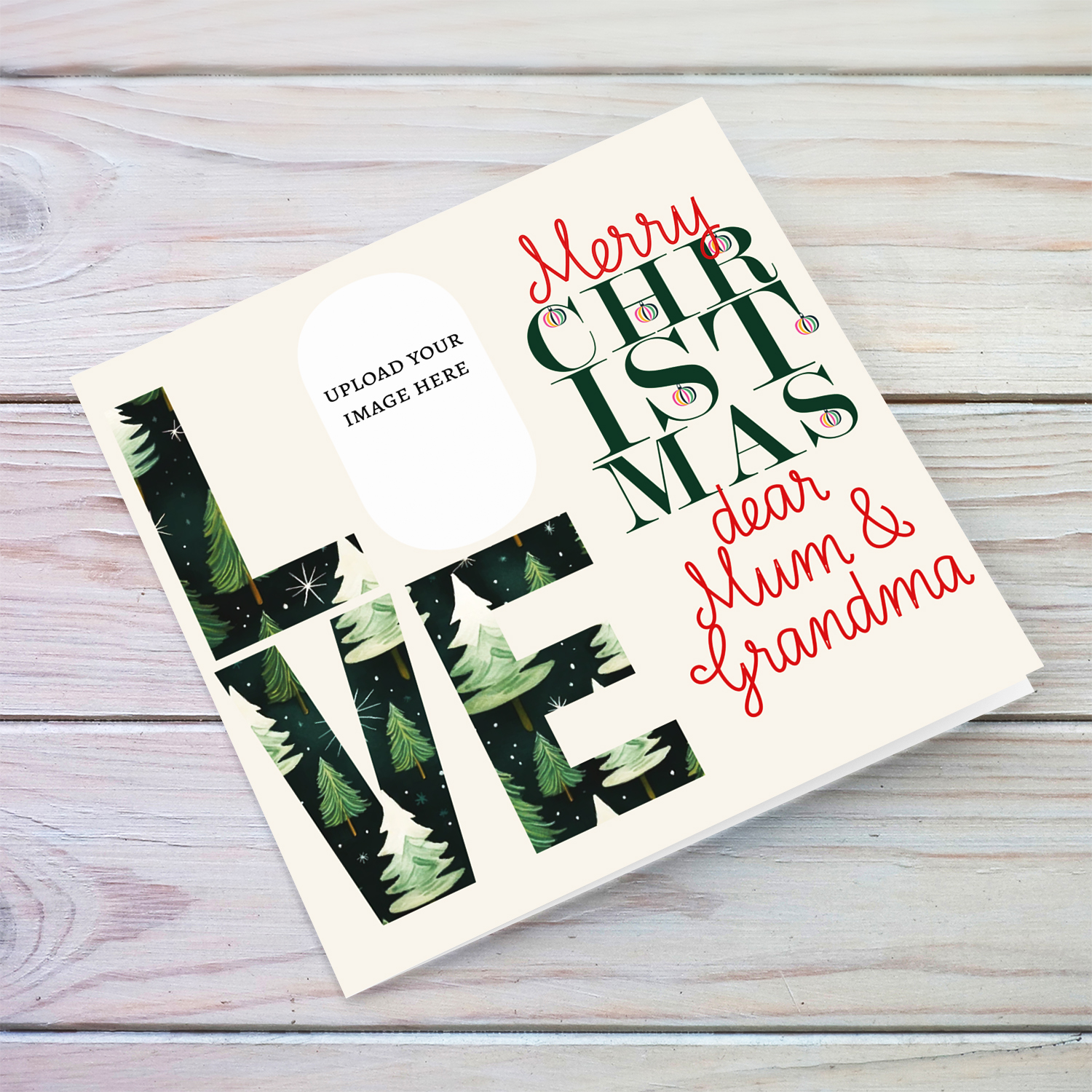 A modern photo Christmas card for Mum & Grandma in red and green text, featuring LOVE with a Christmassy background in English (2 in 1)