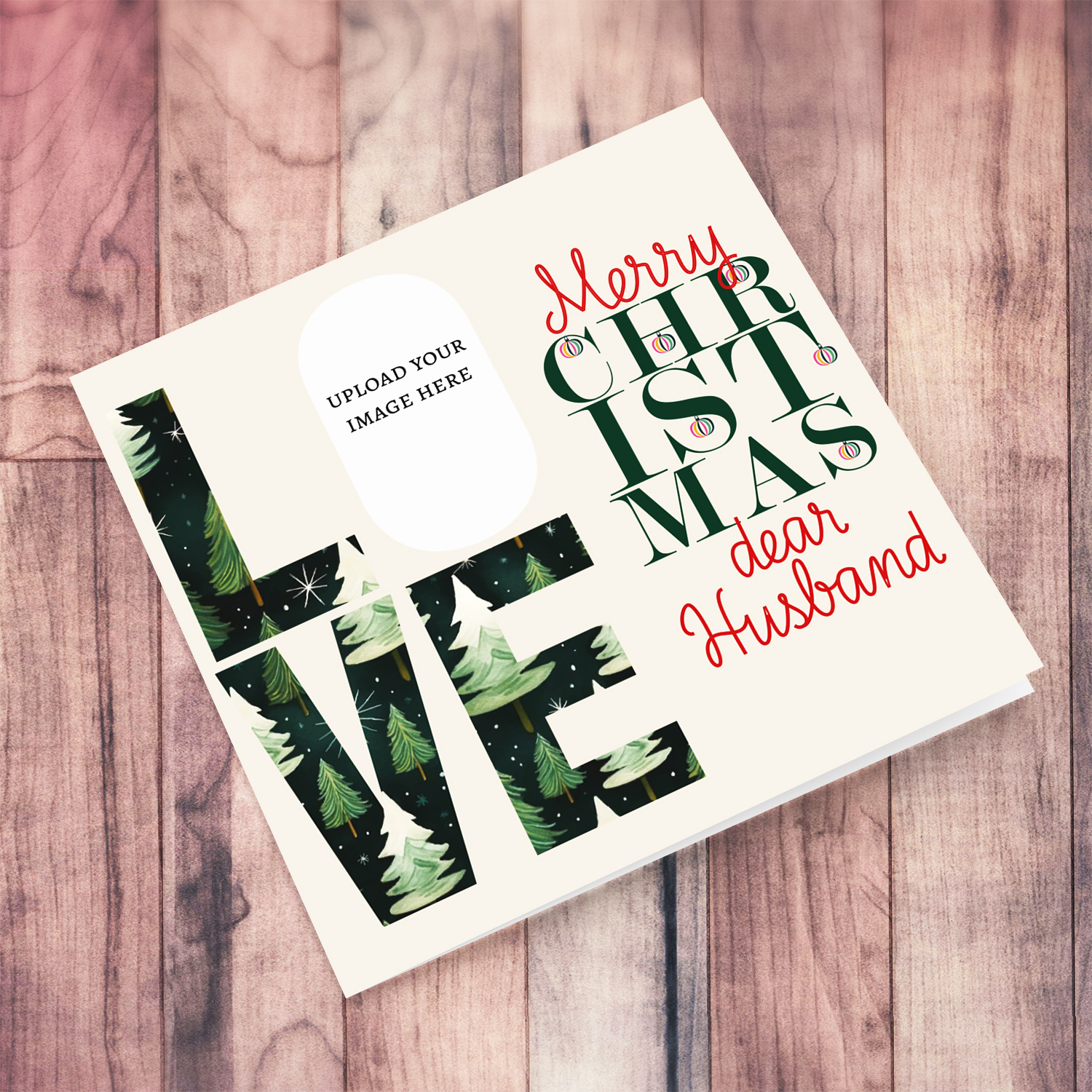 A modern photo Christmas card for Husband in red and green text, featuring LOVE with a Christmassy background in English