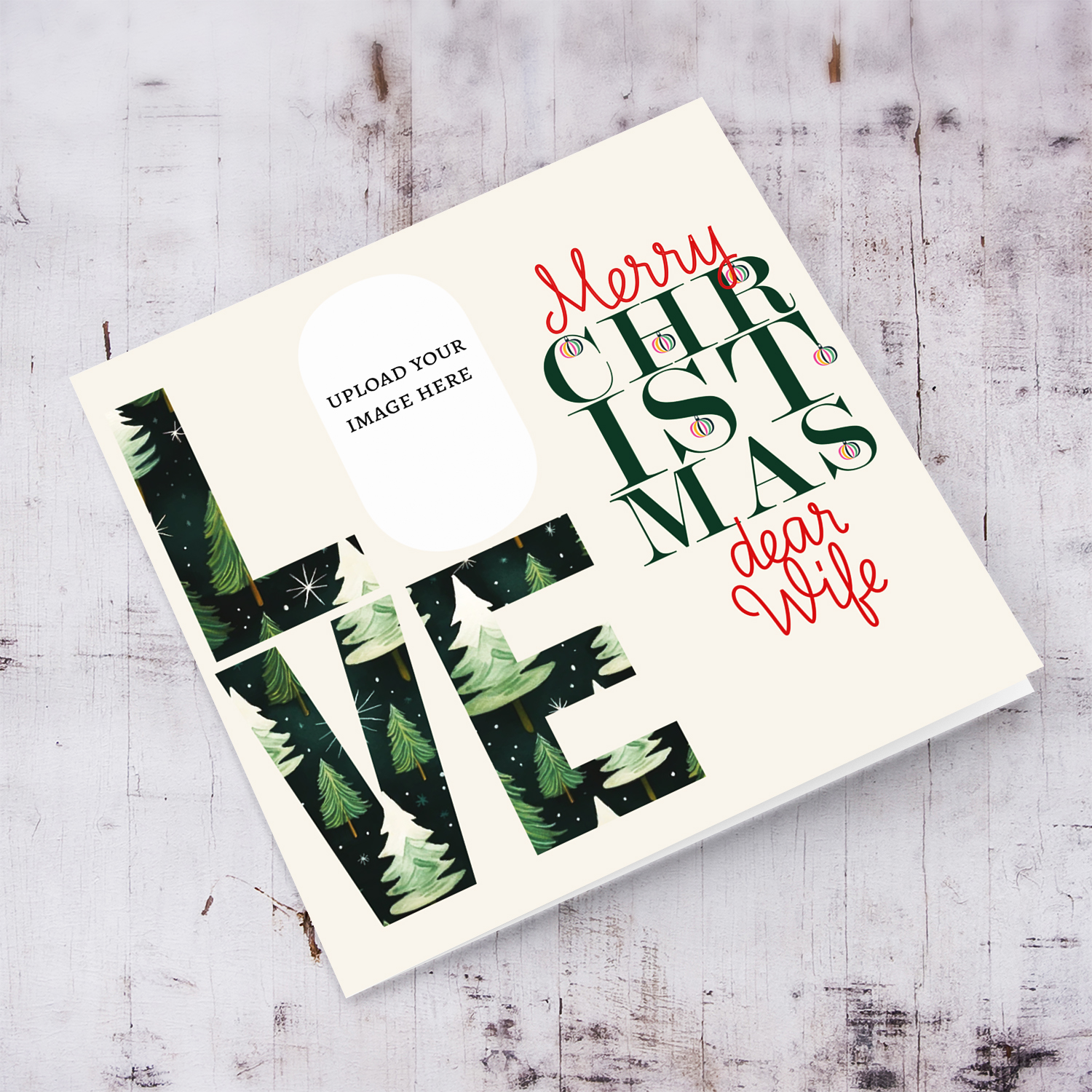 A modern photo Christmas card for Wife in red and green text, featuring LOVE with a Christmassy background in English
