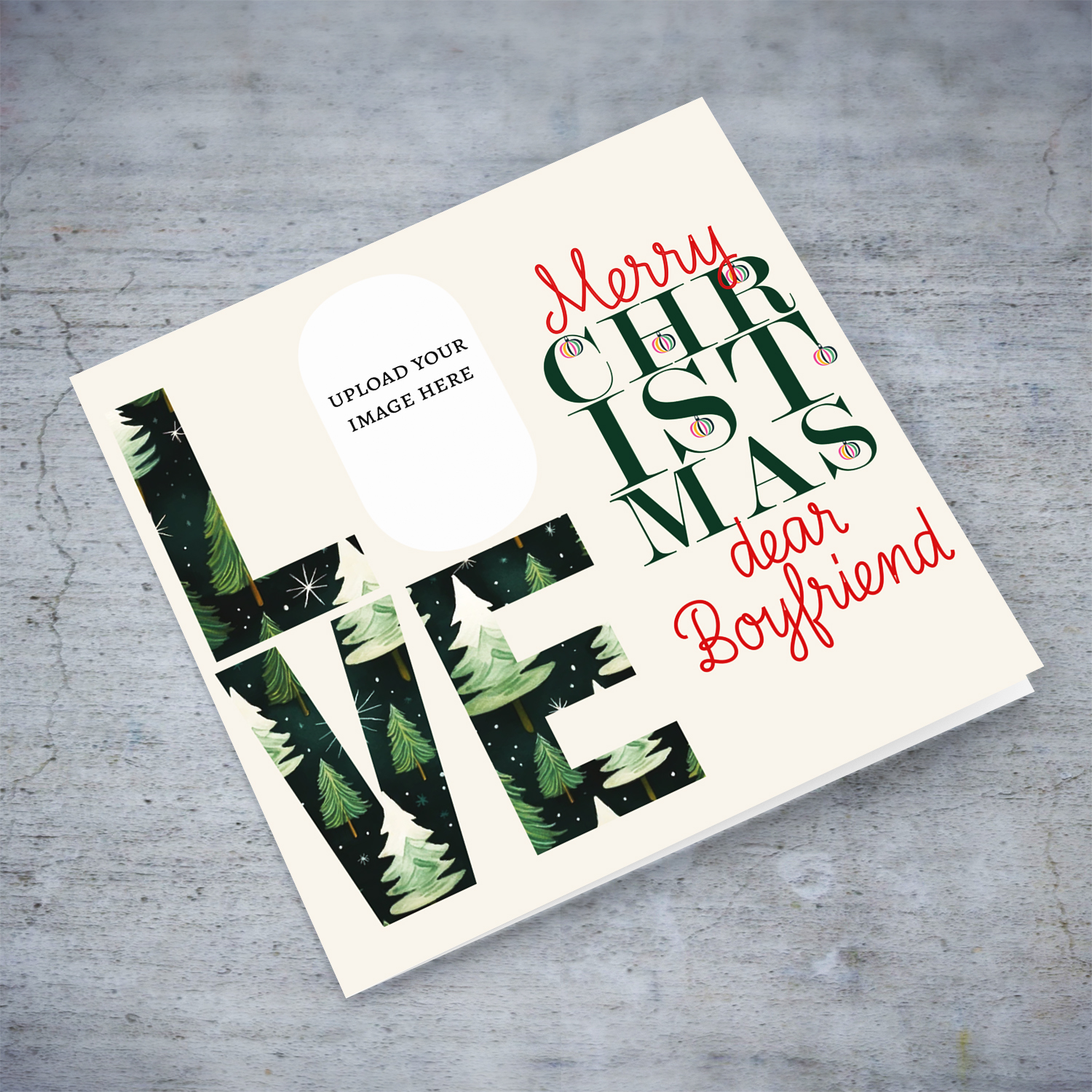 A modern photo Christmas card for Boyfriend in red and green text, featuring LOVE with a Christmassy background in English
