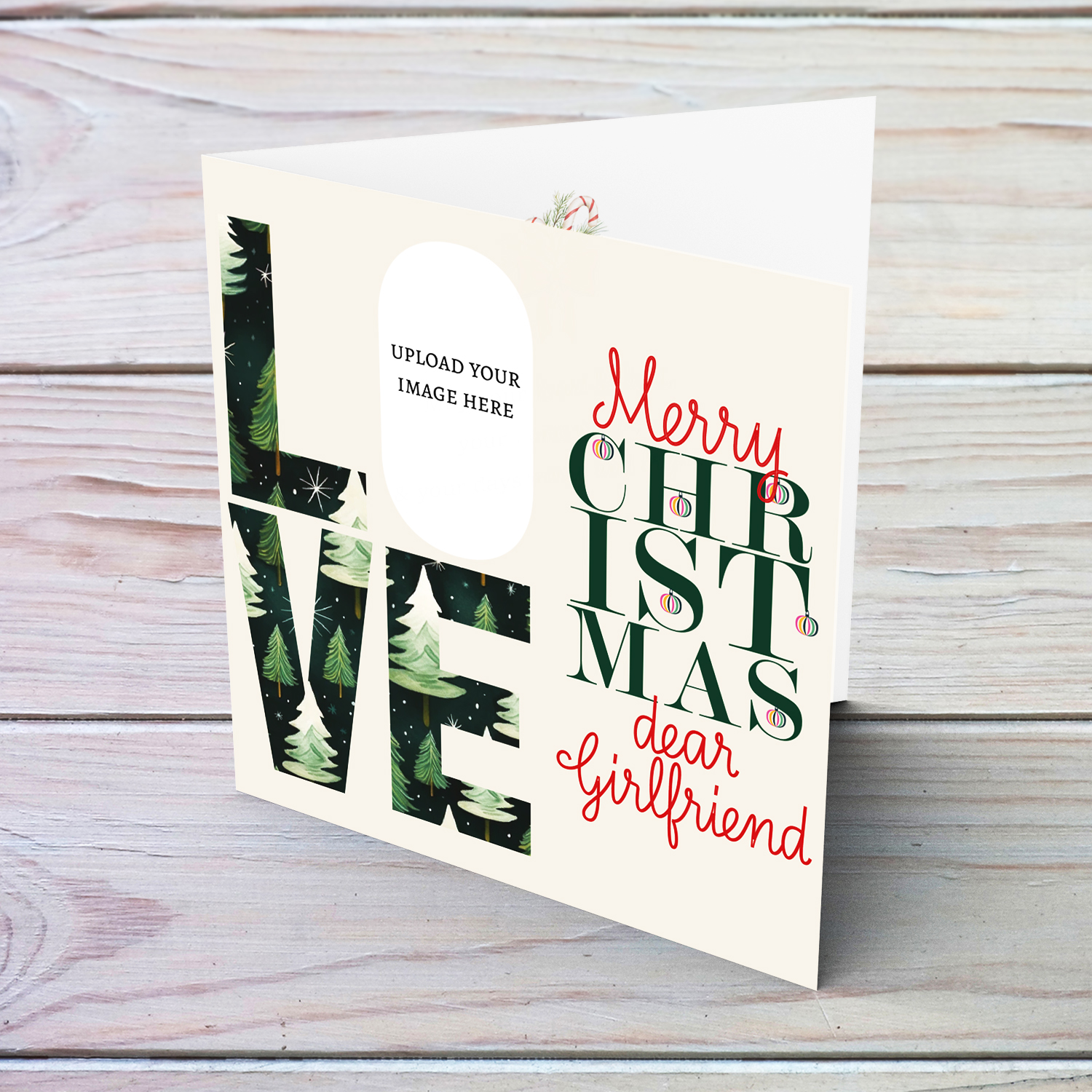 A modern photo Christmas card for Girlfriend in red and green text, featuring LOVE with a Christmassy background in English