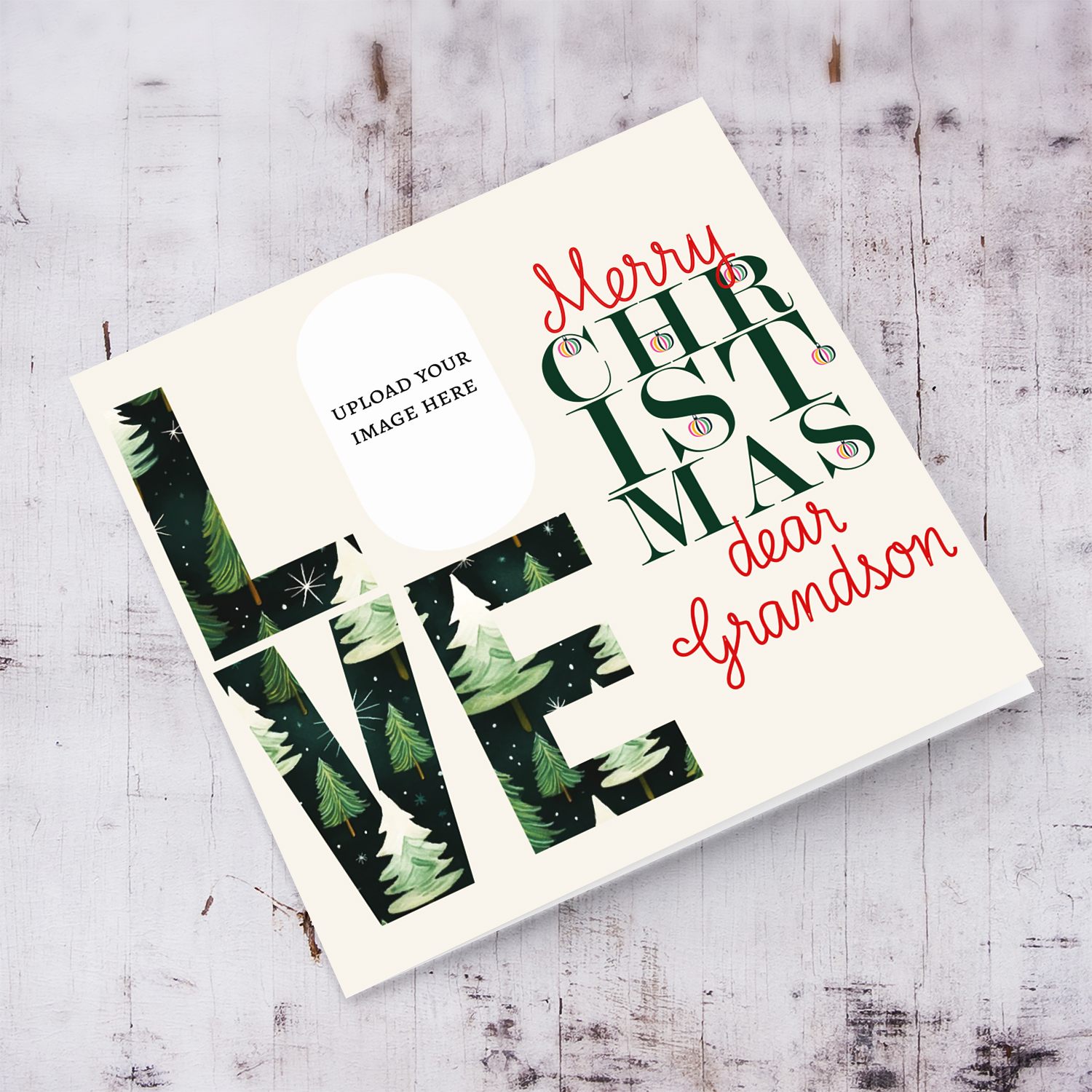 A modern photo Christmas card for Grandson in red and green text, featuring LOVE with a Christmassy background in English