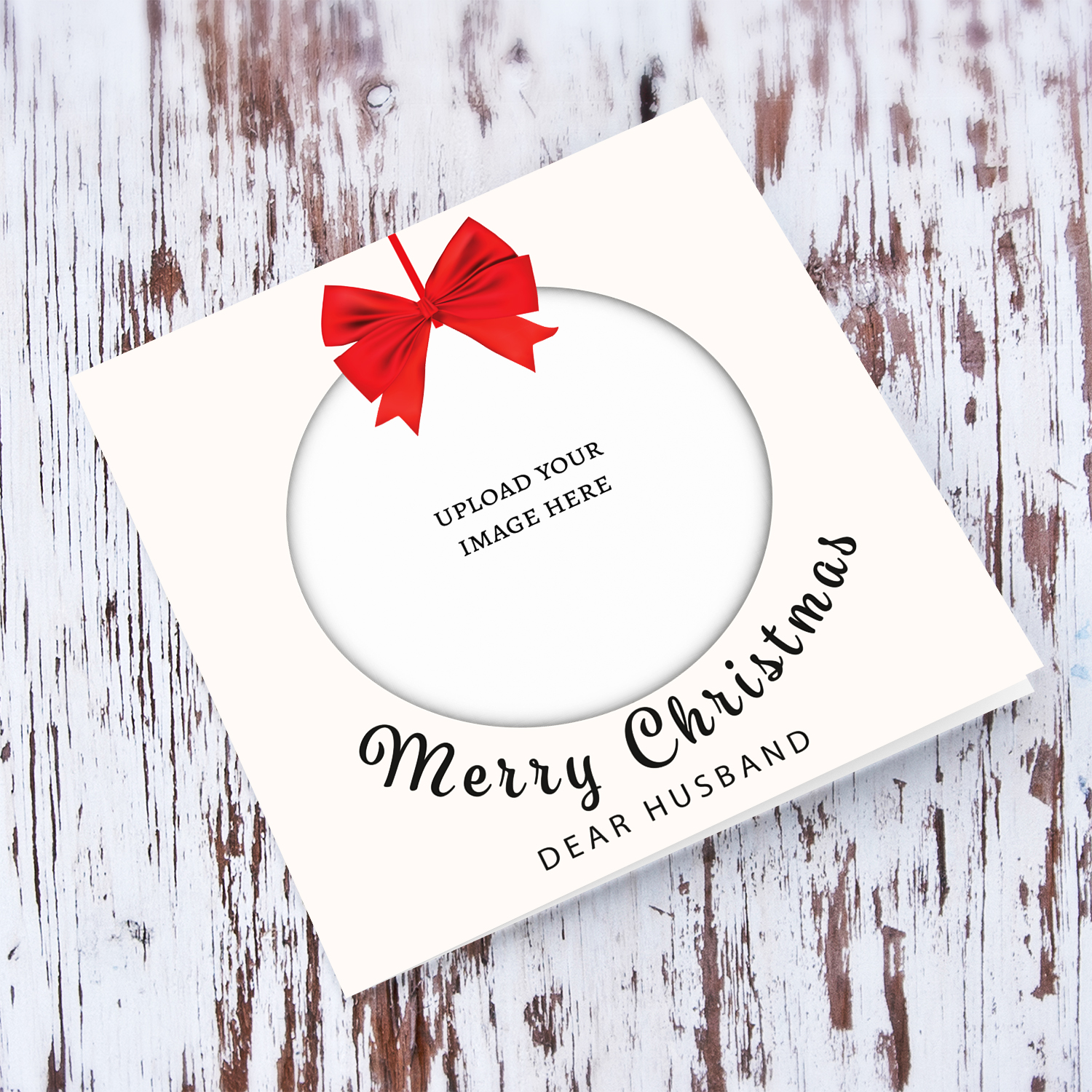 A beautiful minimalist photo card  for husband, in bauble shape with bright red bow in English 