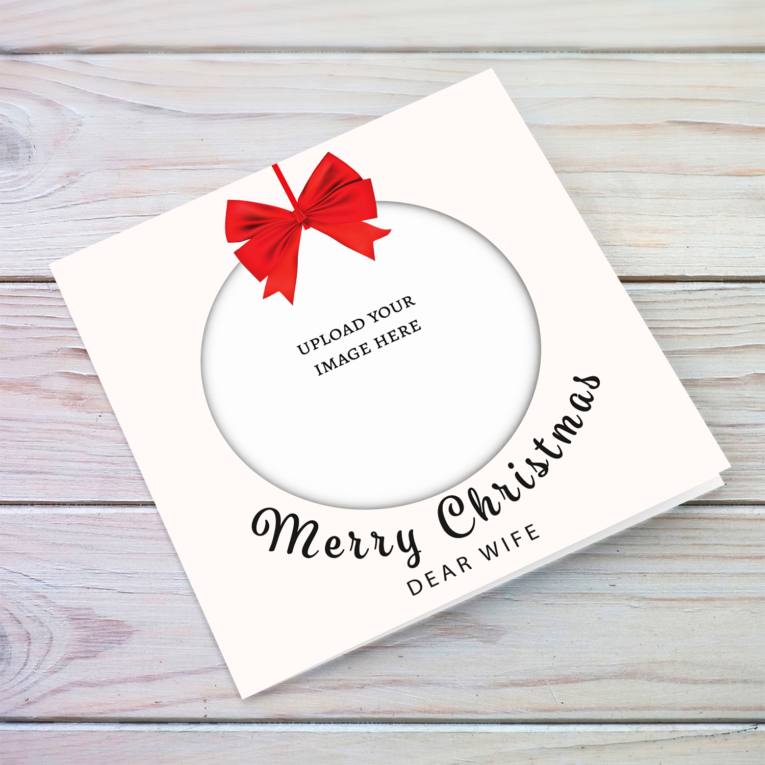 A beautiful minimalist photo card for wife, in bauble shape with bright red bow in English