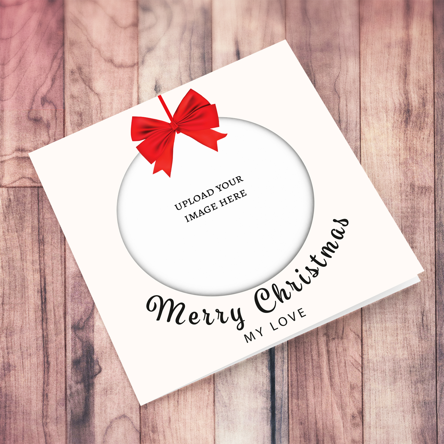 A beautiful minimalist photo card for "my love", in bauble shape with bright red bow in English