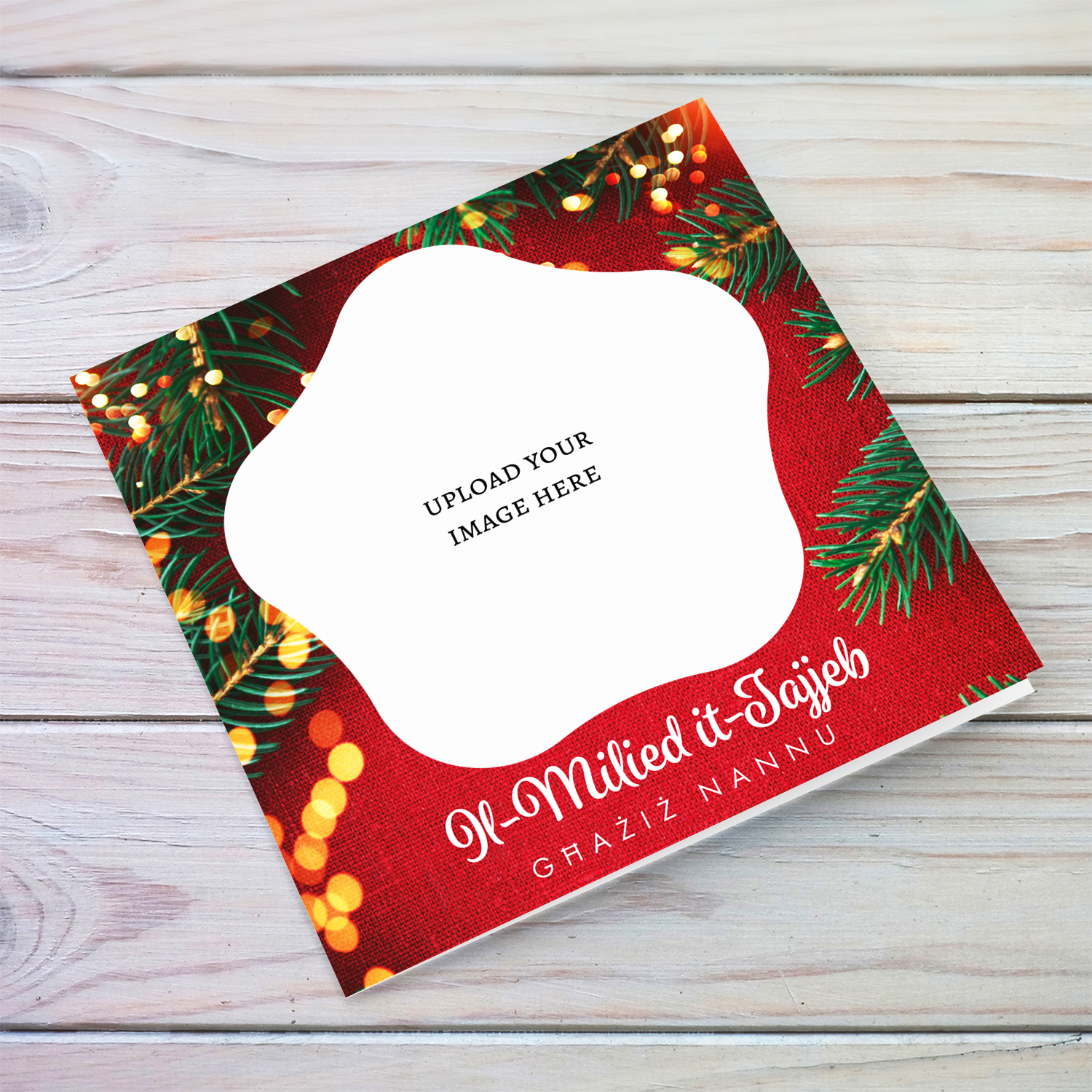 A traditional background photo Christmas card for grandpa featuring a red background, tree branches and christmas lights in Maltese