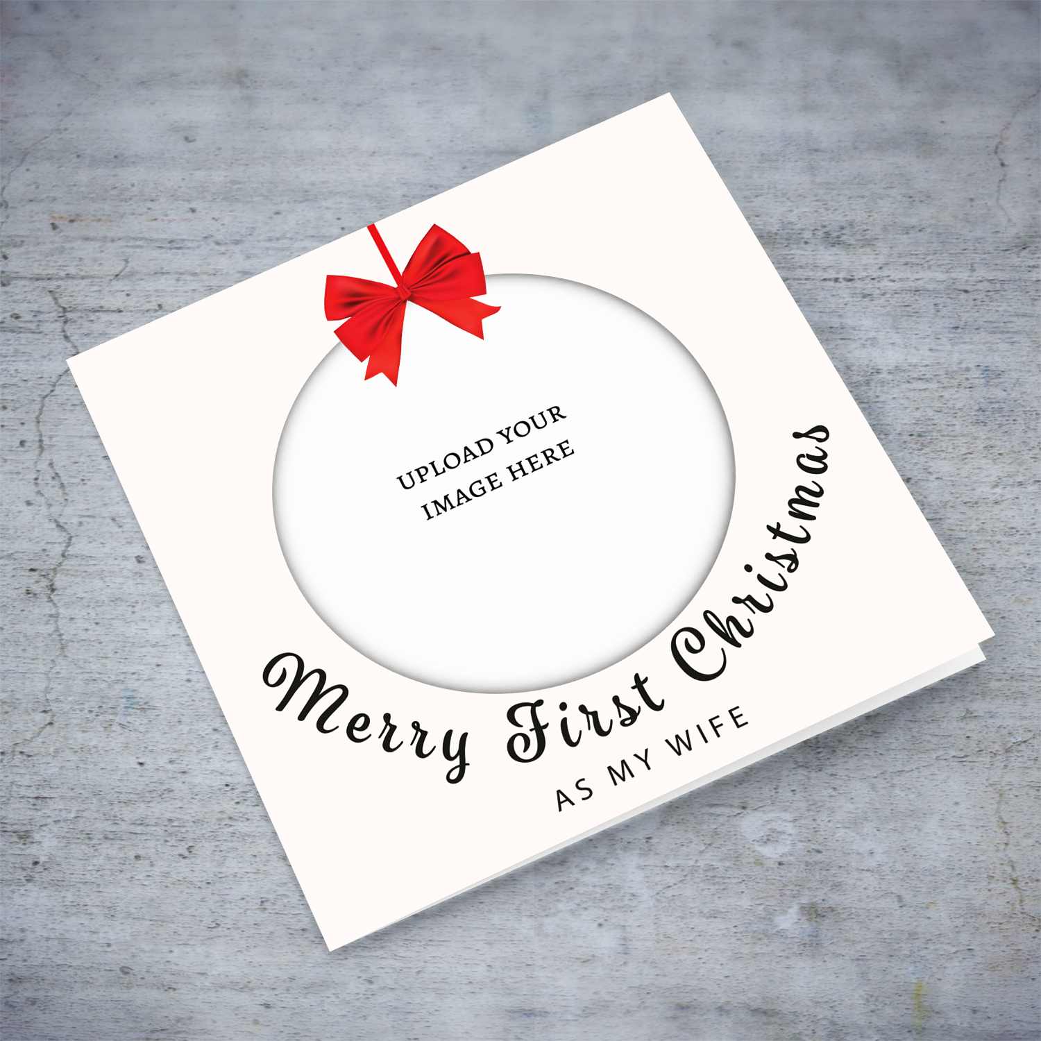 A beautiful minimalist photo card for first Christmas as "my wife" , in bauble shape with bright red bow in English