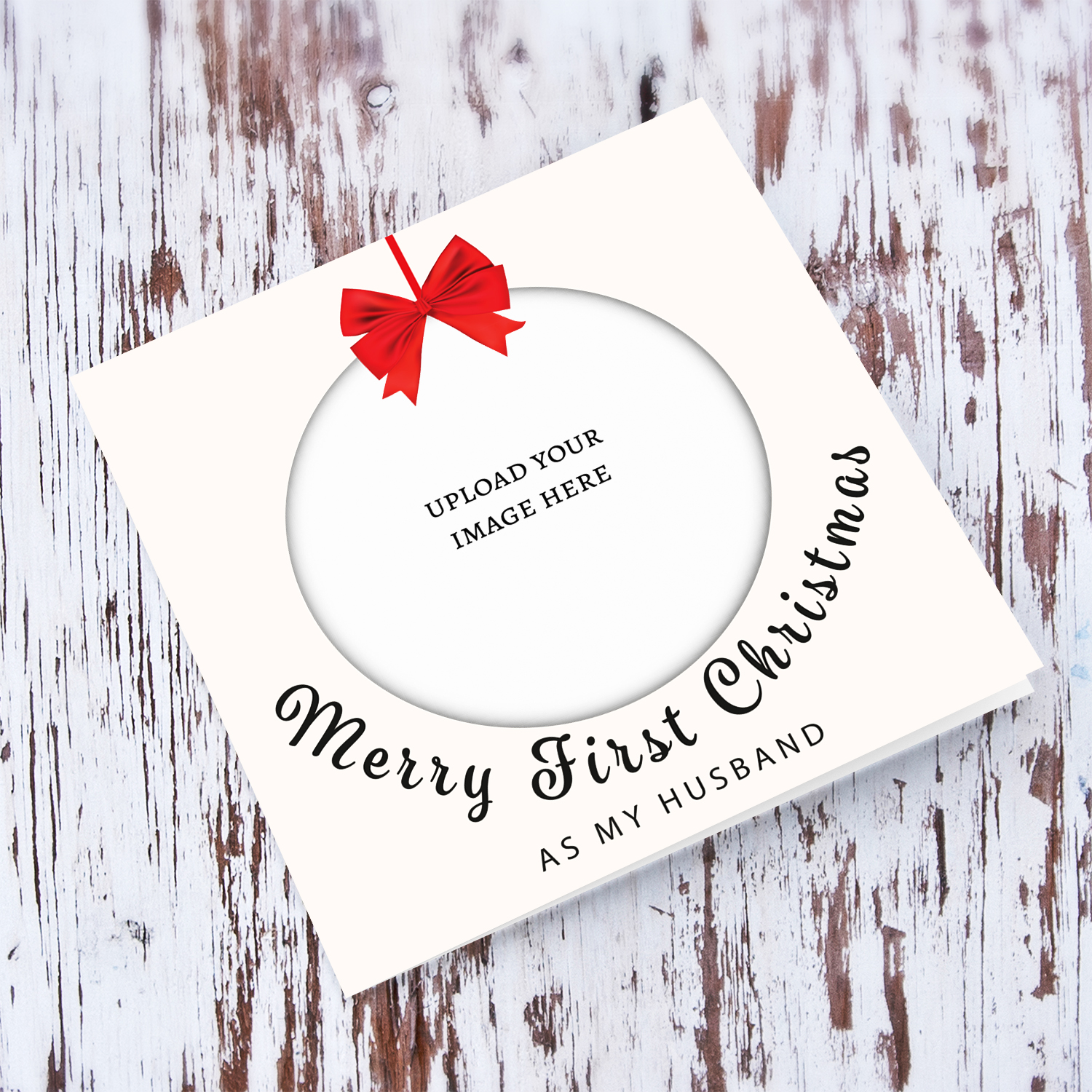 A beautiful minimalist photo card for first Christmas as "my husband" , in bauble shape with bright red bow in English