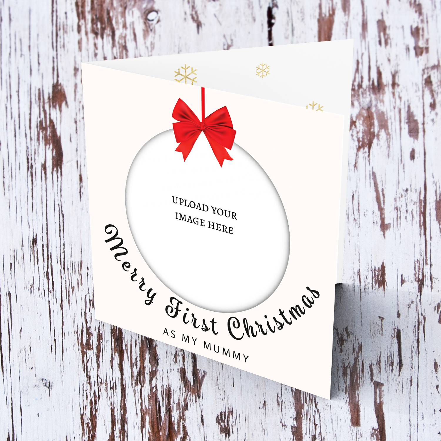A beautiful minimalist photo card for first Christmas as "my mummy" , in bauble shape with bright red bow in English