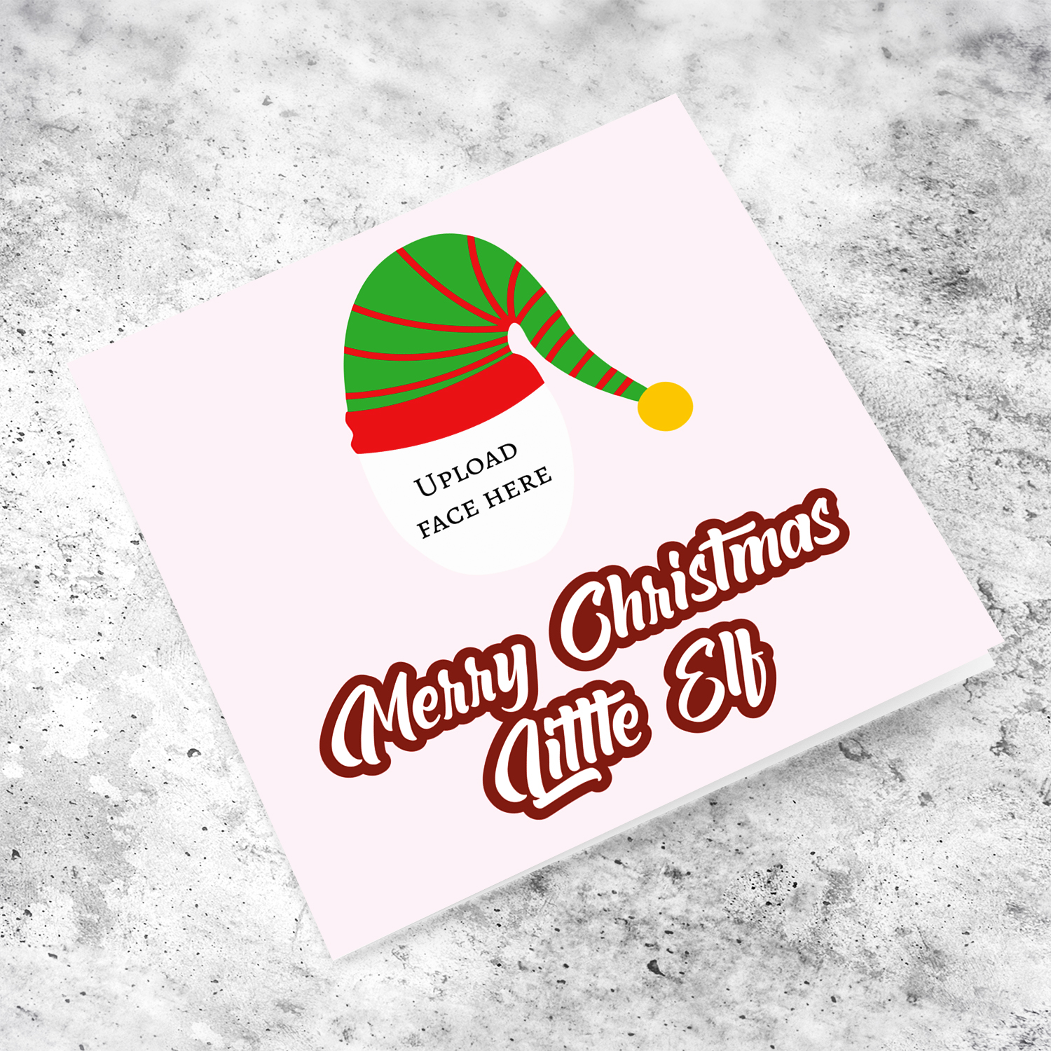 A cute photo card in light pink background for child (Little Elf) from the famous Elf with a nice warm message on the inside in English  