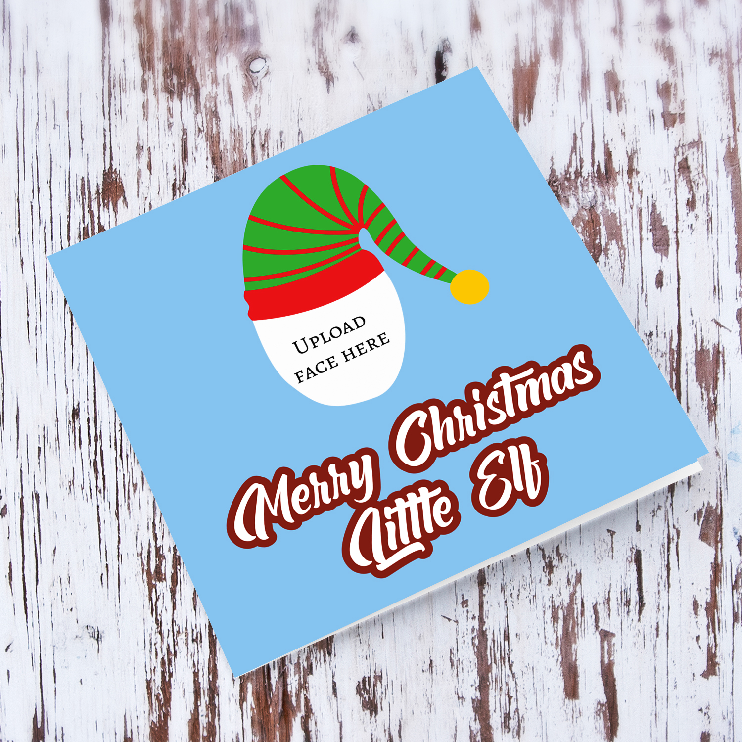 A cute photo card in blue background for child (Little Elf) from the famous Elf with a nice warm message on the inside in English  