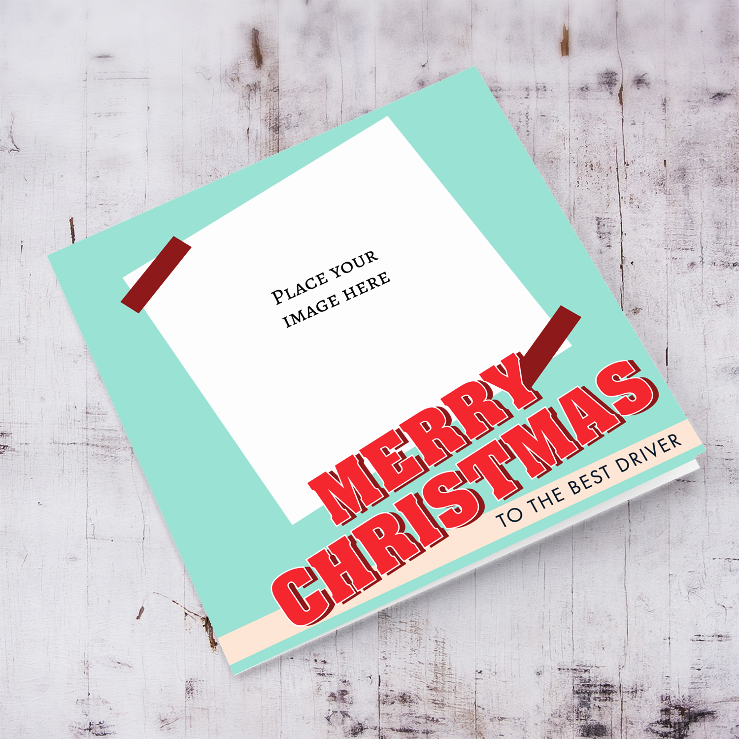 Driver - Christmas photo card with light turquoise background, red bold text in English