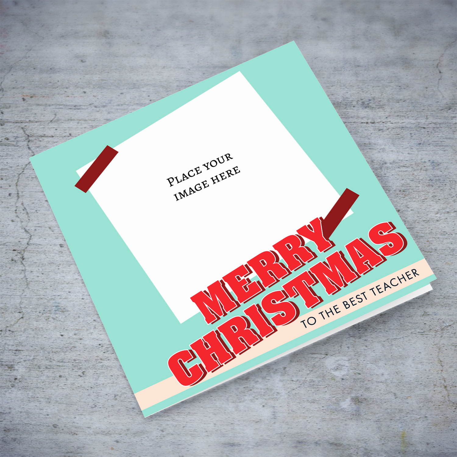 Teacher - Christmas photo card with light turquoise background, red bold text in English