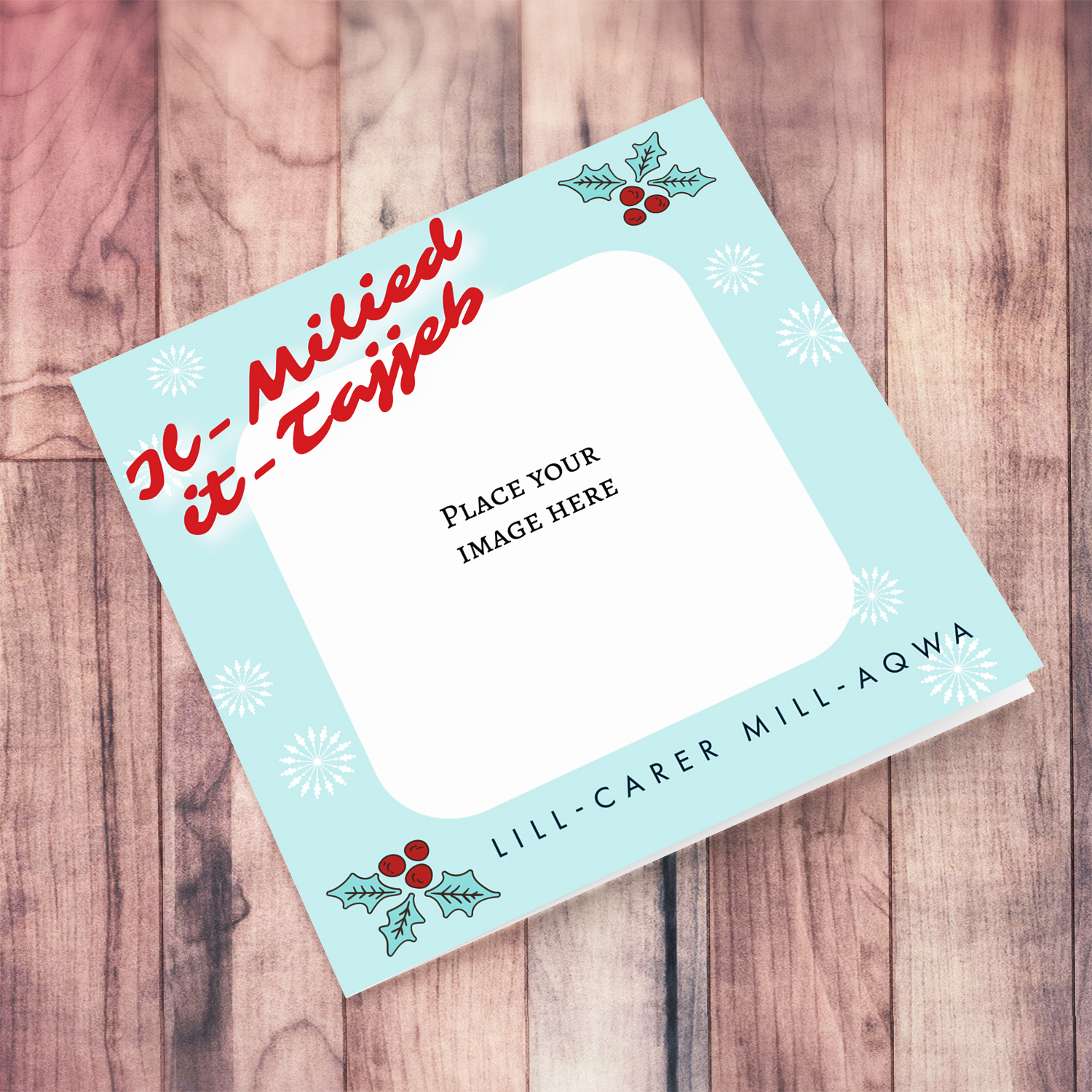 Carer photo Christmas card with light blue background, Christmas hollies, and scattered white snowflakes in Maltese