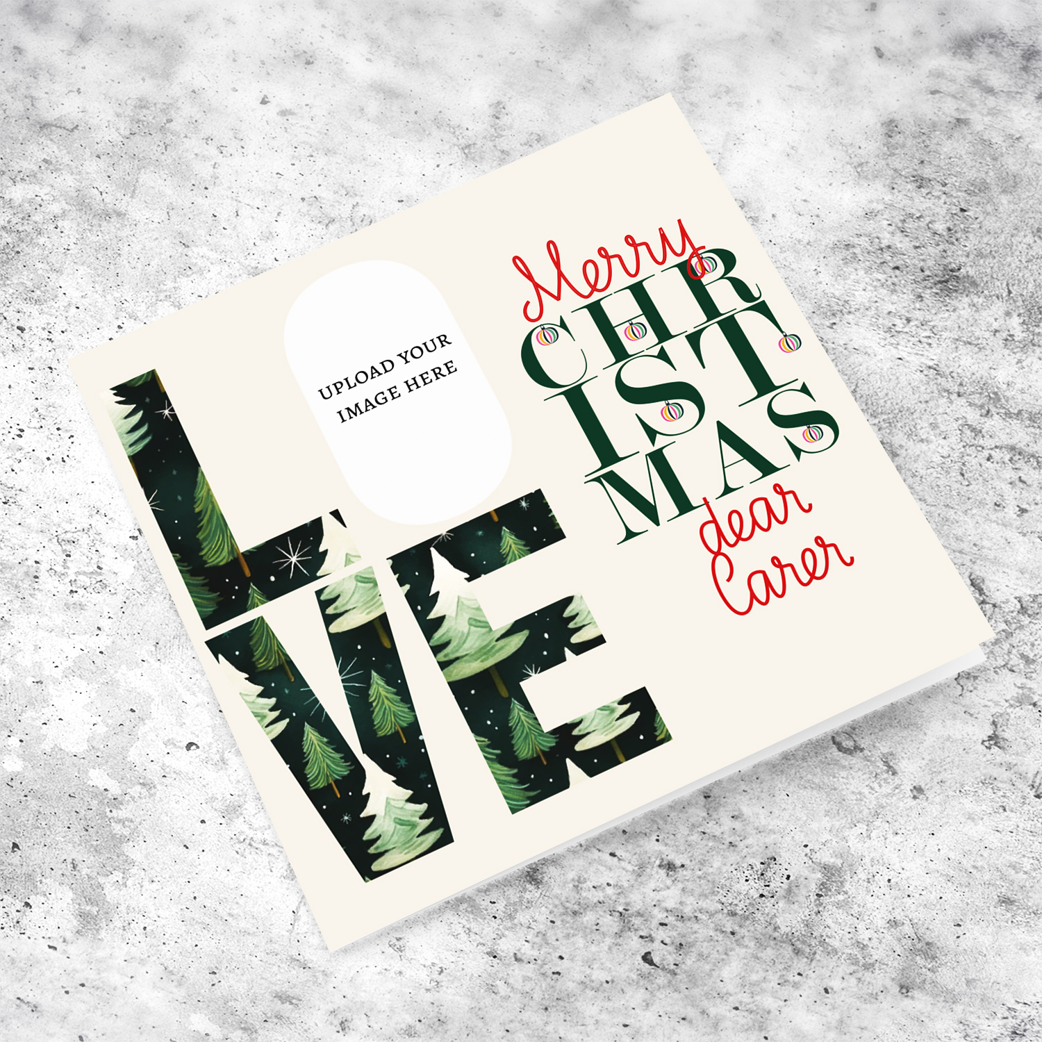 A modern photo Christmas card for Carer in red and green text, featuring LOVE with a Christmassy background in English