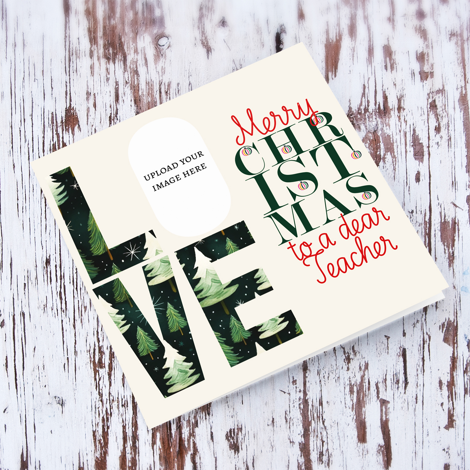 A modern photo Christmas card for Teacher in red and green text, featuring LOVE with a Christmassy background in English
