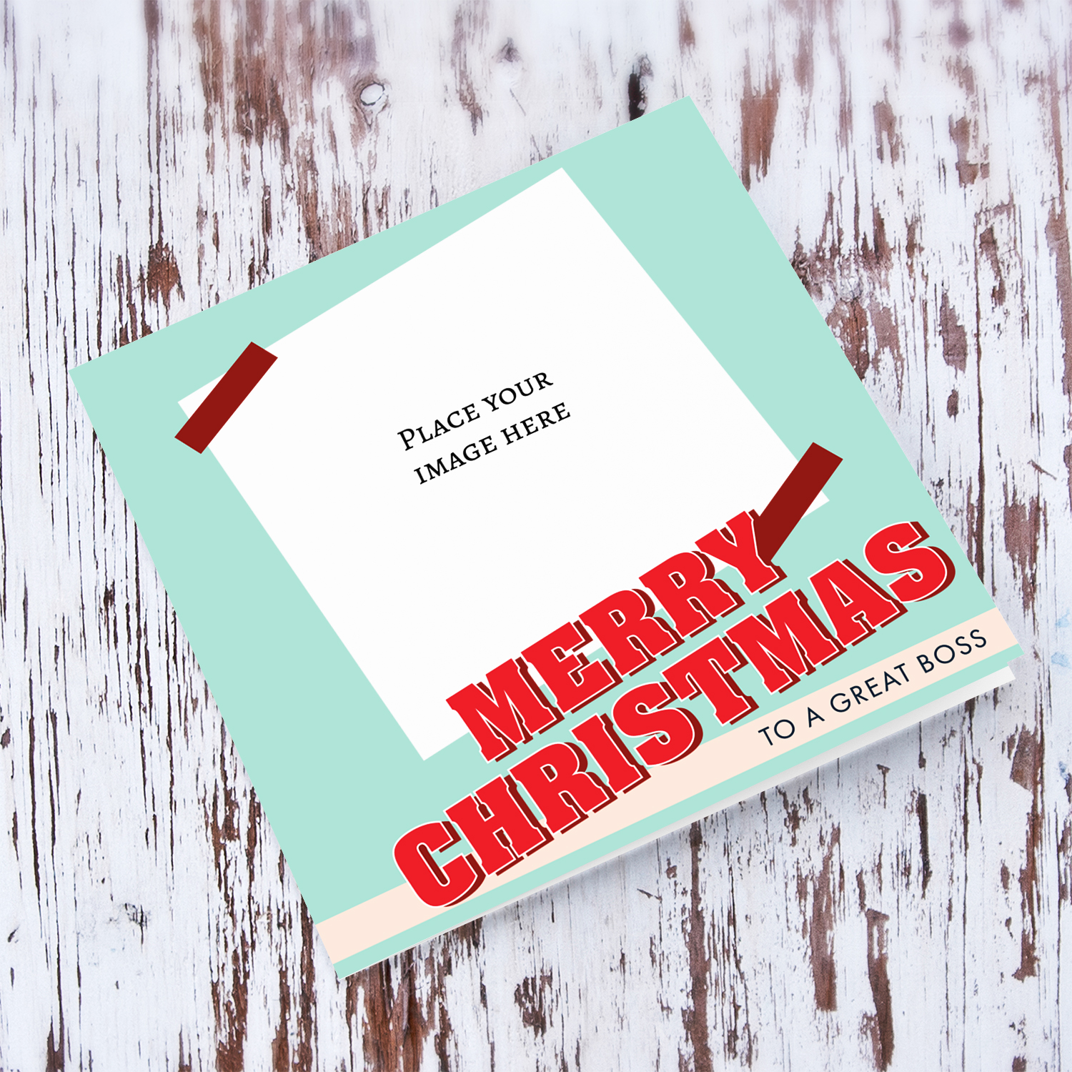 Boss - Christmas photo card with light turquoise background, red bold text in English