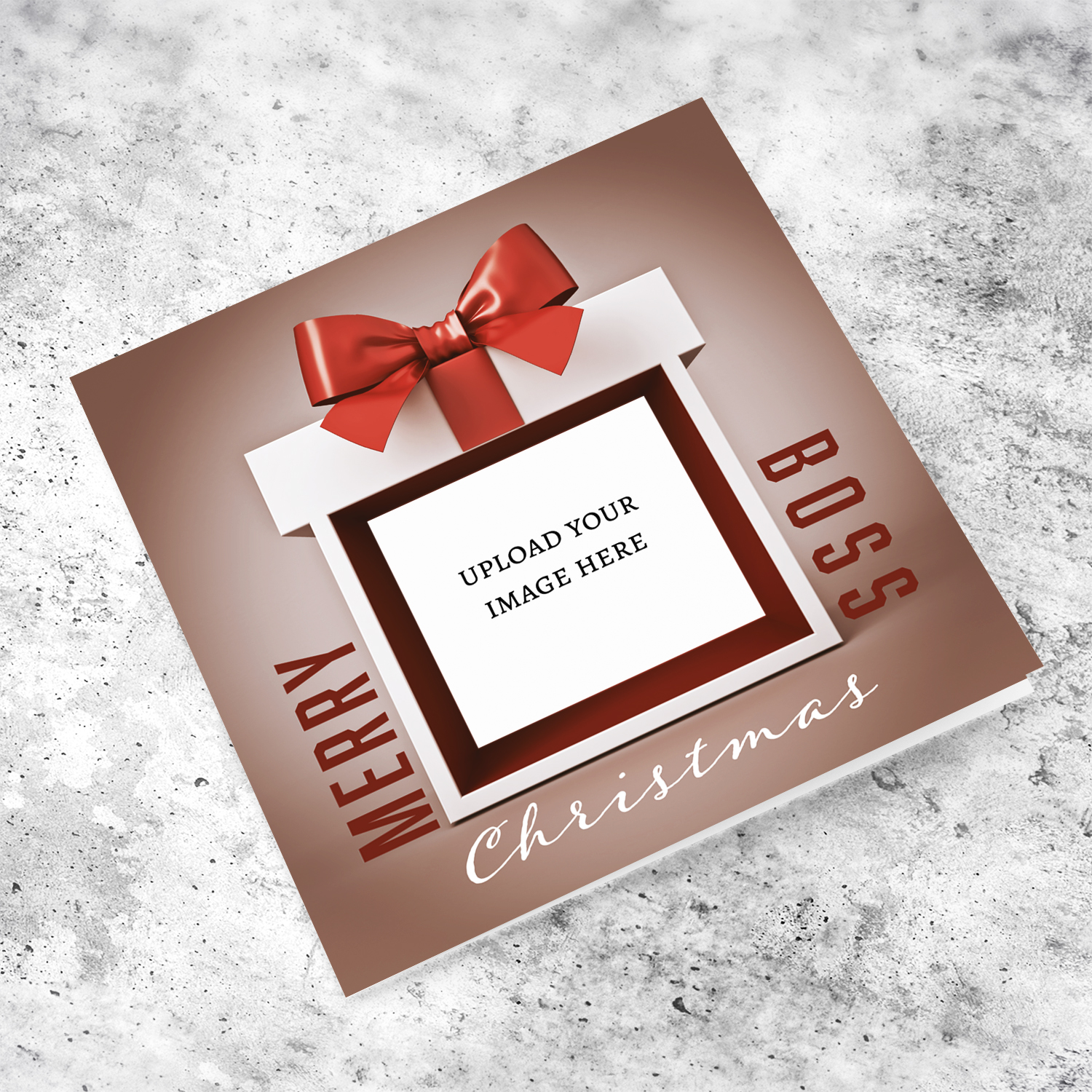 A festive Christmas photo card featuring a gift-inspired design, beautifully wrapped present border and a big, elegant bow for Boss in English