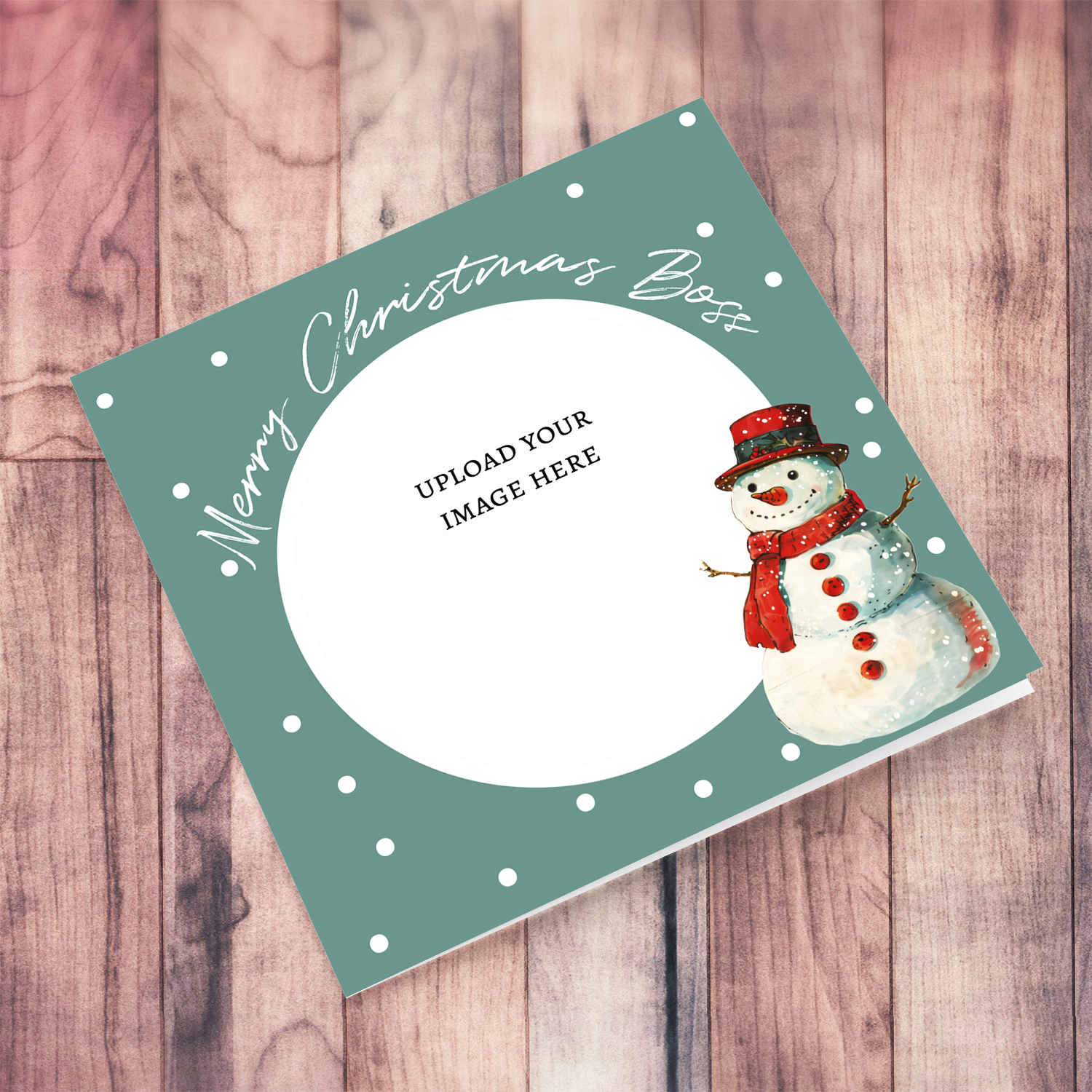 A photo Christmas card in gray/green background, featuring a happy snowman for Boss in English