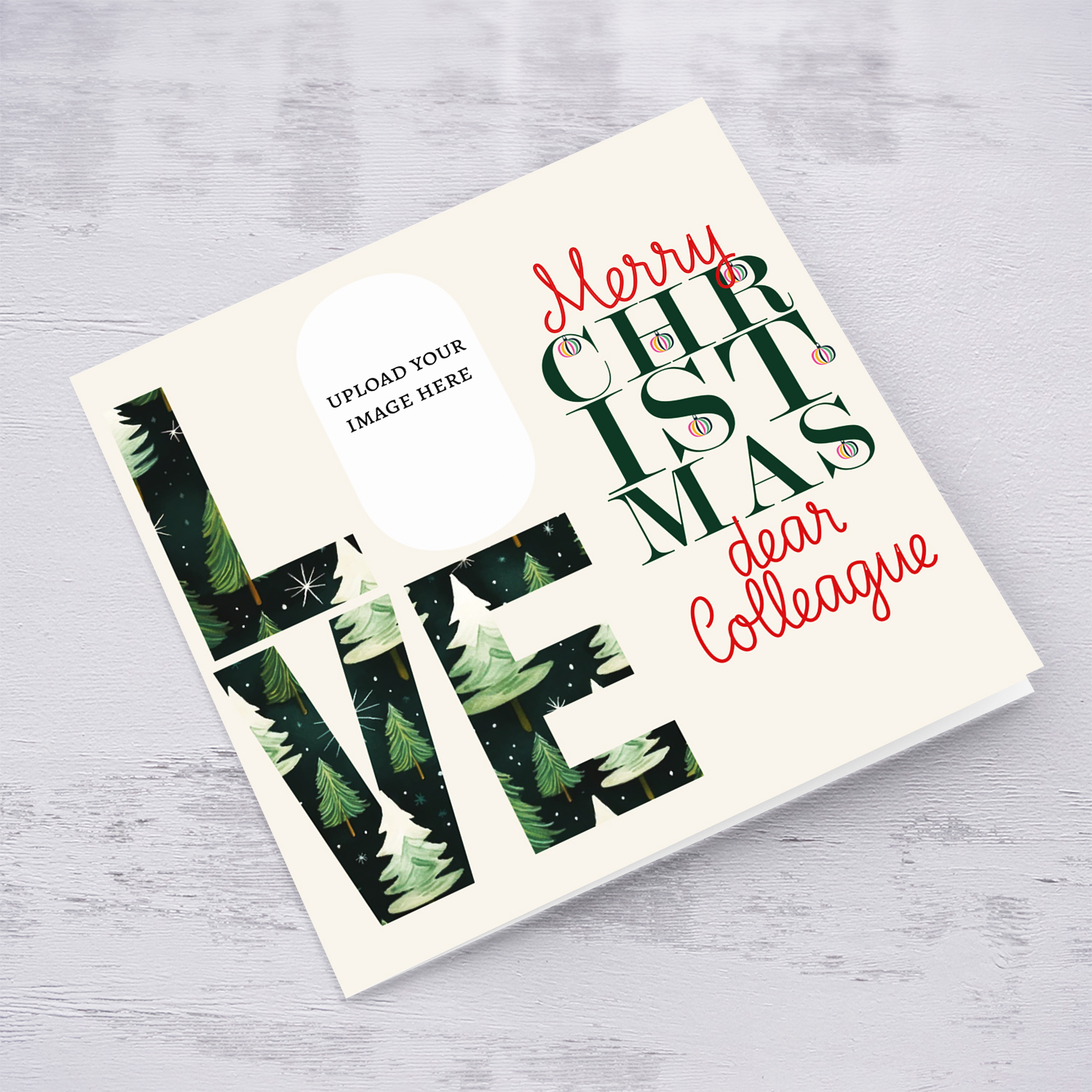 A modern photo Christmas card for Colleague in red and green text, featuring LOVE with a Christmassy background in English
